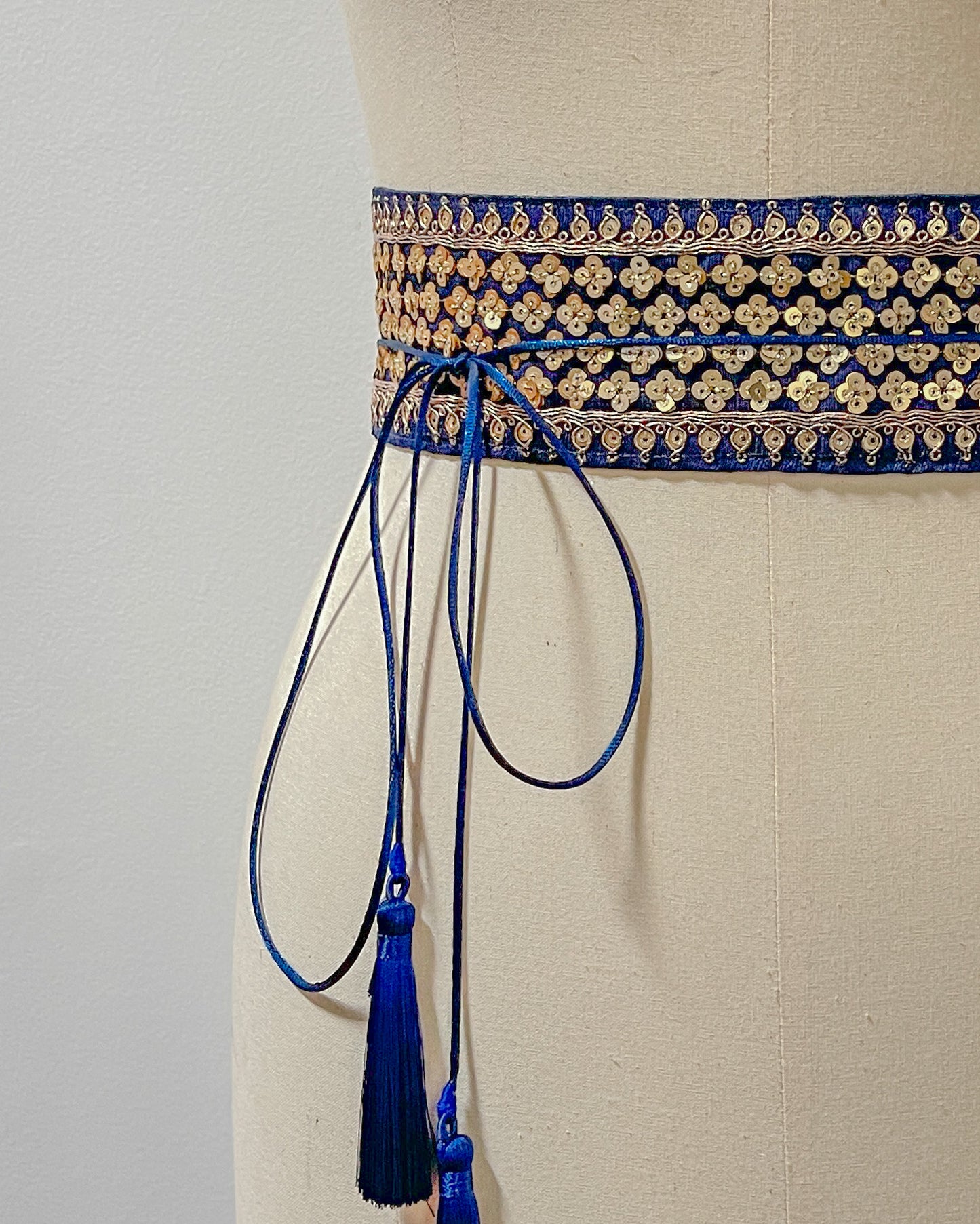 Blue bohemian embroidered obi belt with tassels