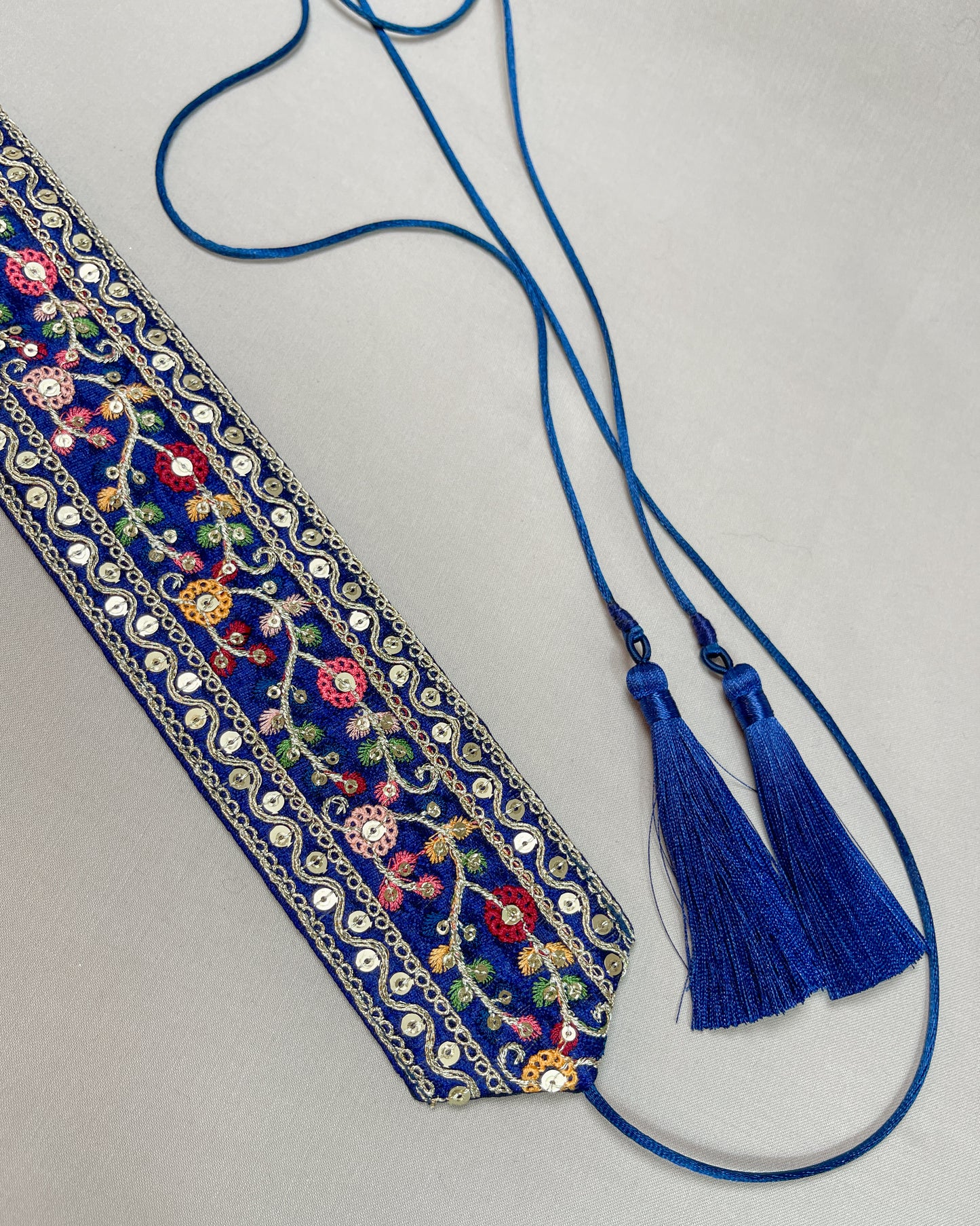 Blue bohemian embroidered obi belt with tassels