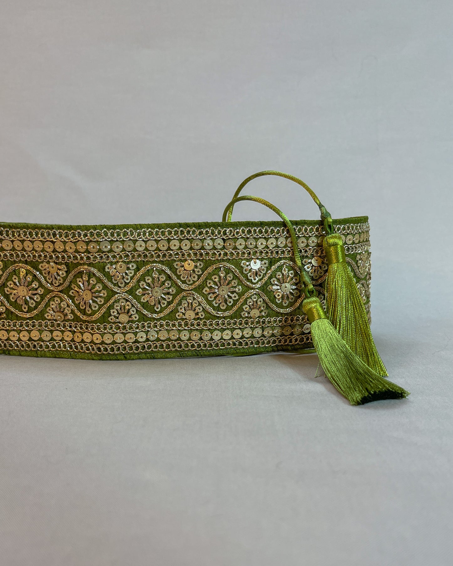 Green kaki bohemian embroidered obi belt with tassels