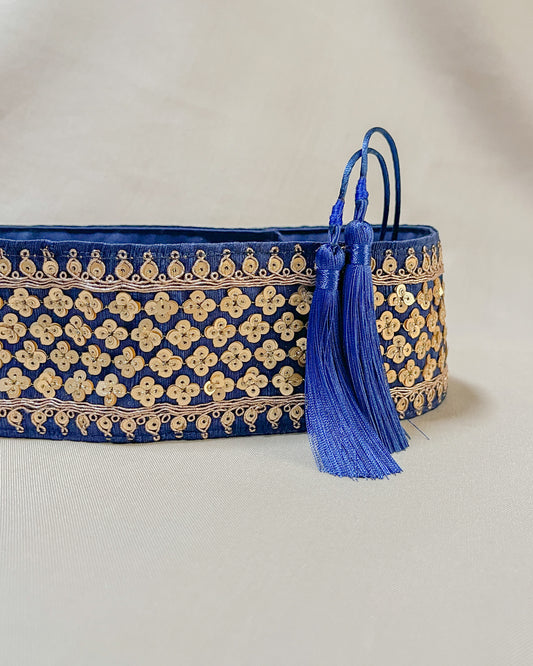 Blue bohemian embroidered obi belt with tassels