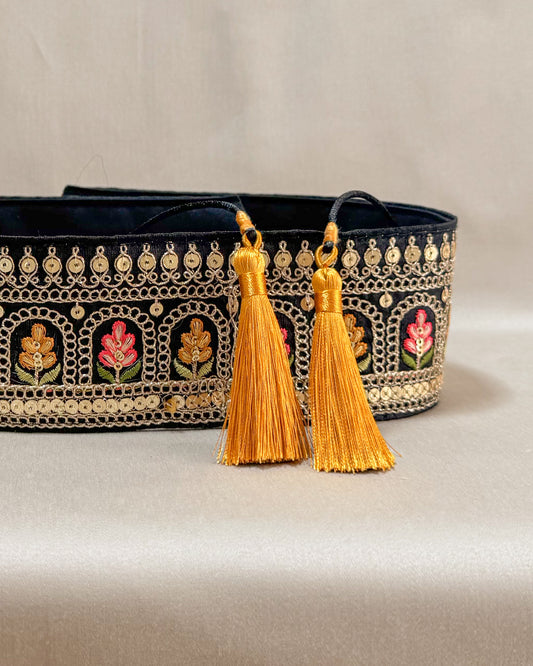 Bohemian black belt with embroidered flowers and tassels