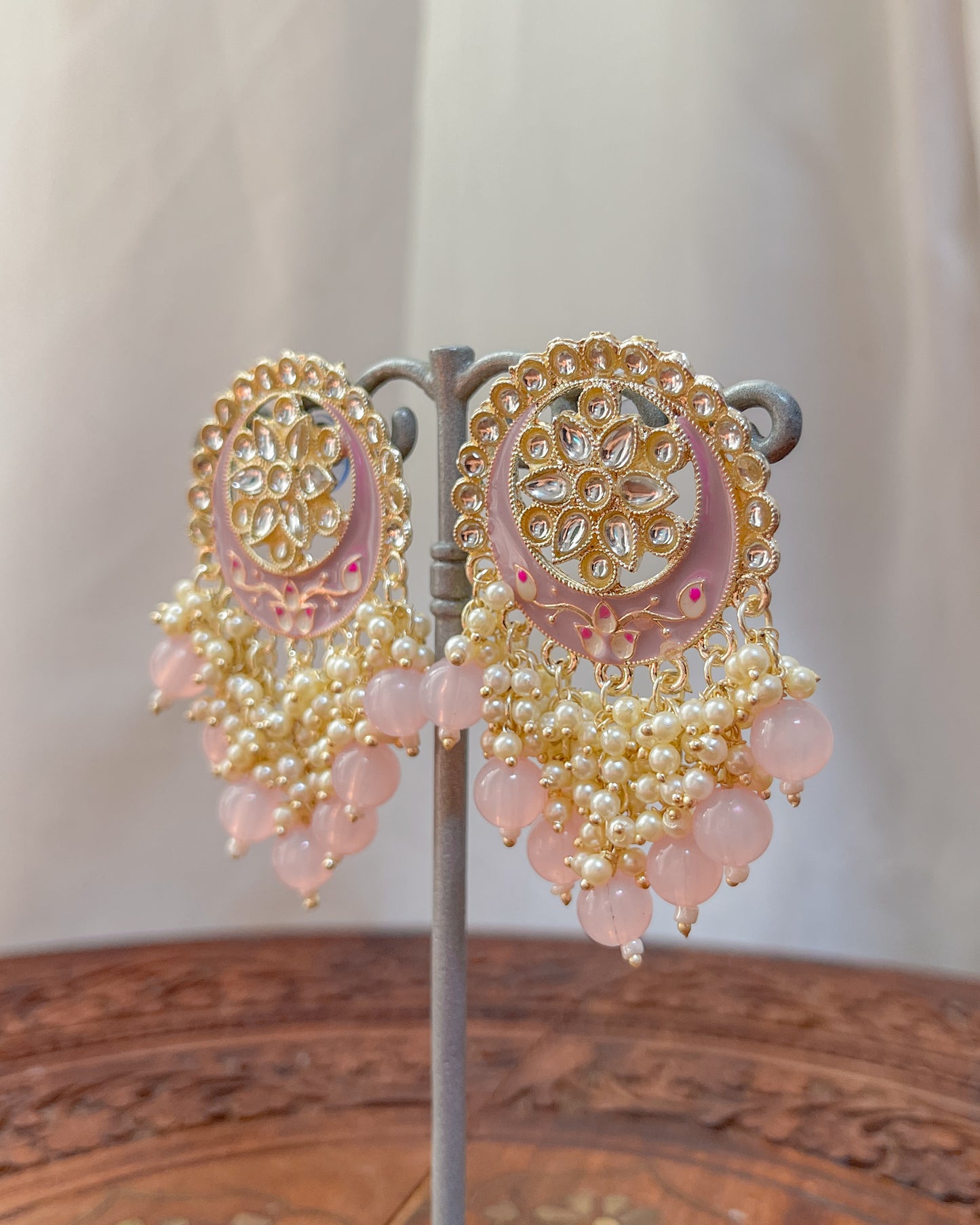 MOON LIGHT PINK Big Golden Bohemian Earrings with Hand-Painted Floral Detail