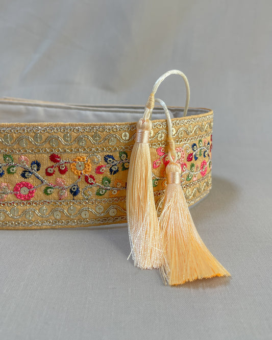 Beige bohemian embroidered obi belt with tassels