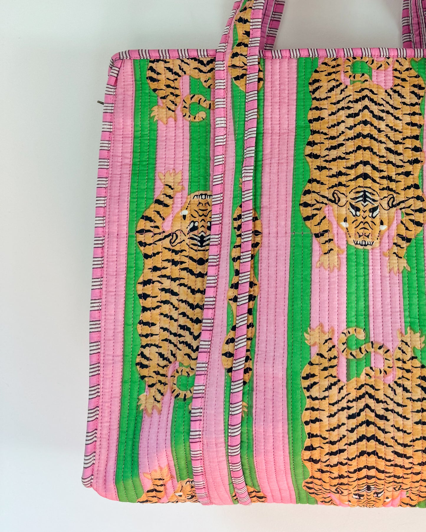 Pink and green tiger l Big tote bag in quilted cotton