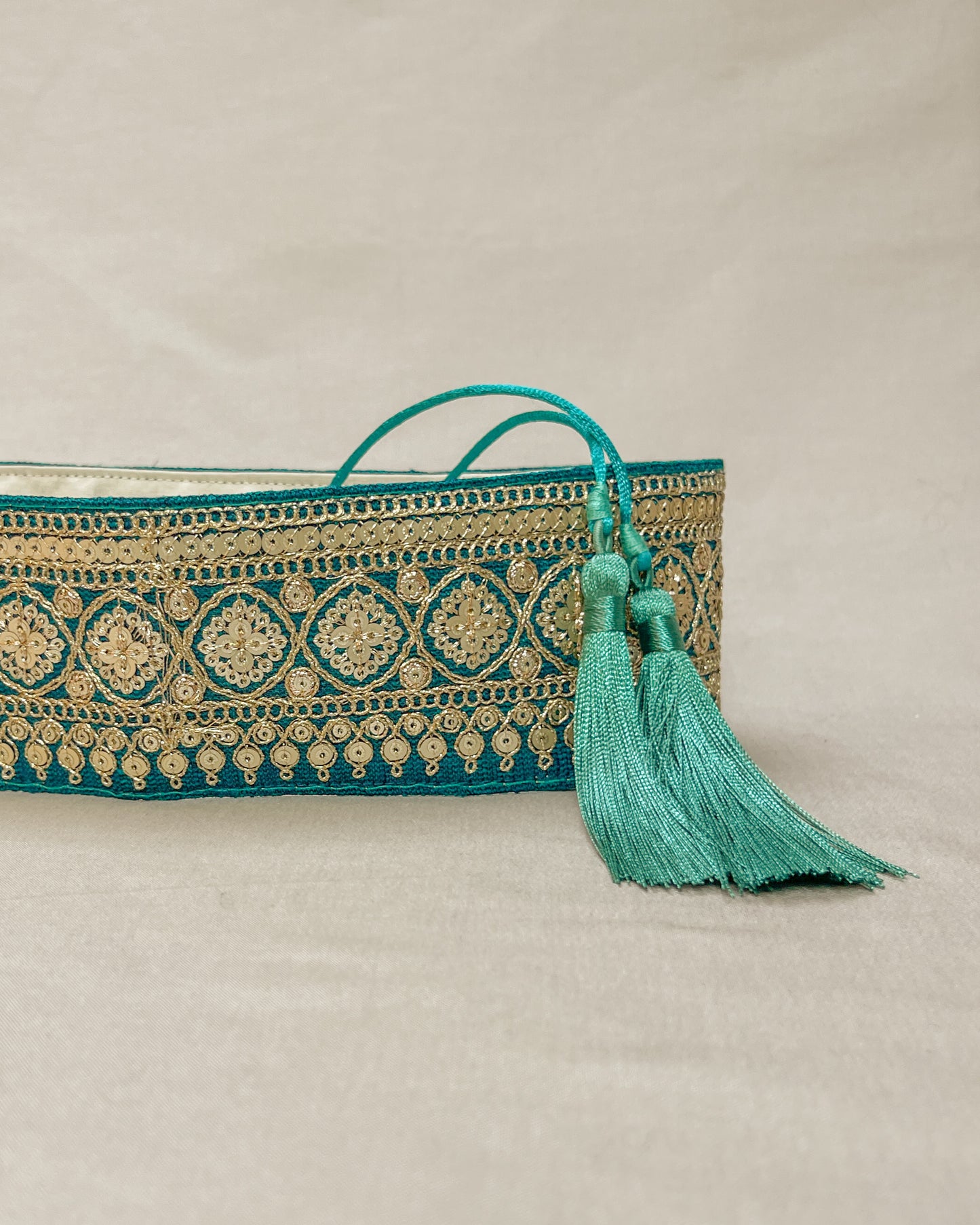 Green bohemian embroidered obi belt with tassels