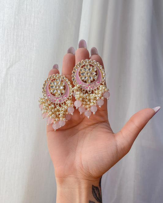 MOON LIGHT PINK Big Golden Bohemian Earrings with Hand-Painted Floral Detail