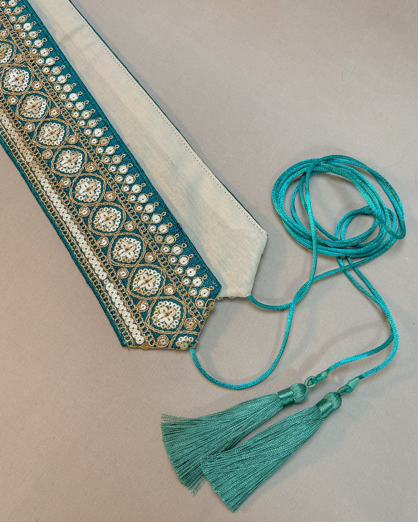 Green bohemian embroidered obi belt with tassels