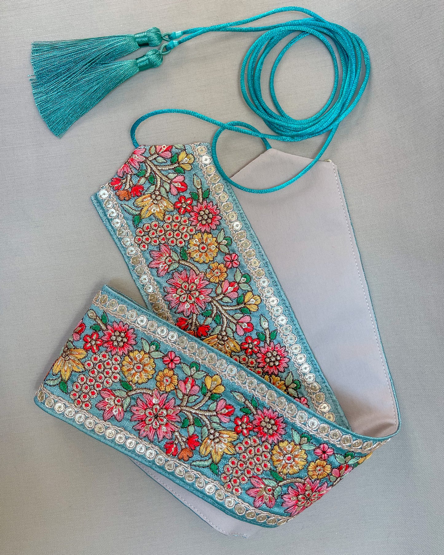 Teal bohemian embroidered obi belt with tassels