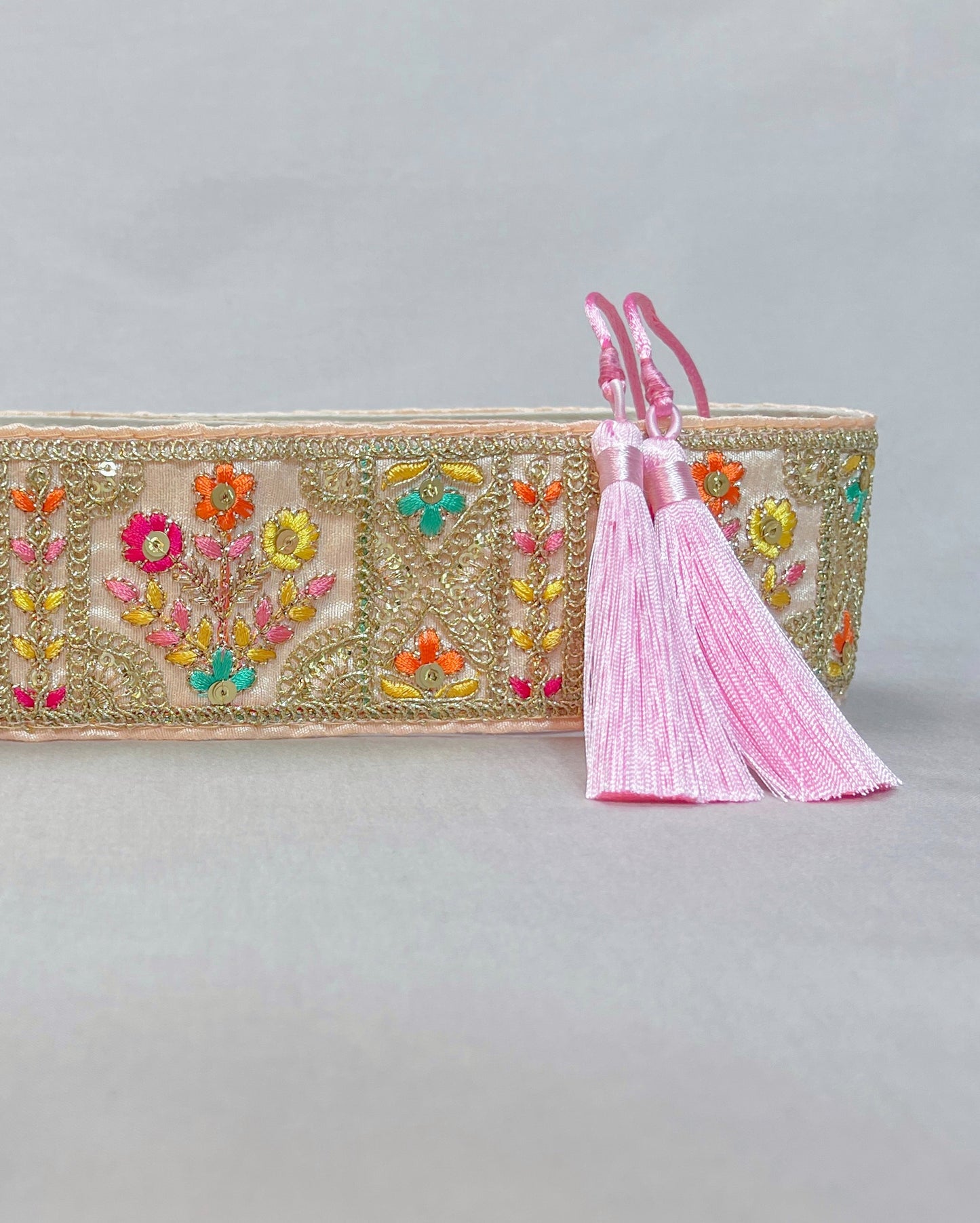 Baby pink bohemian embroidered obi belt with tassels