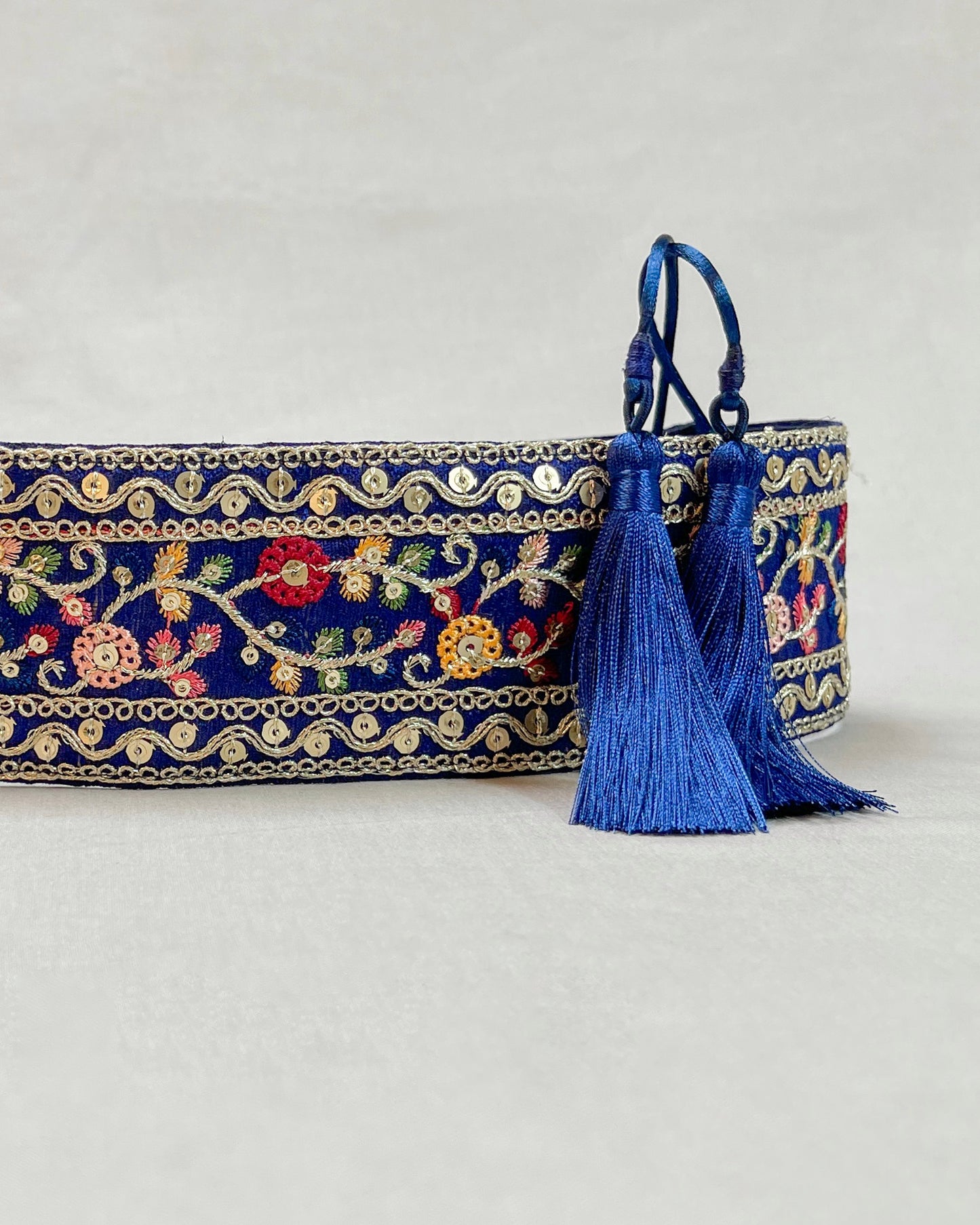 Blue bohemian embroidered obi belt with tassels