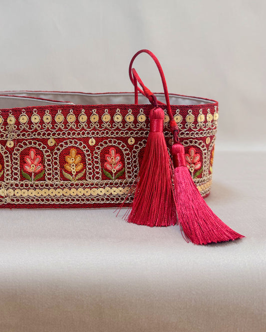 Red bohemian embroidered obi belt with tassels