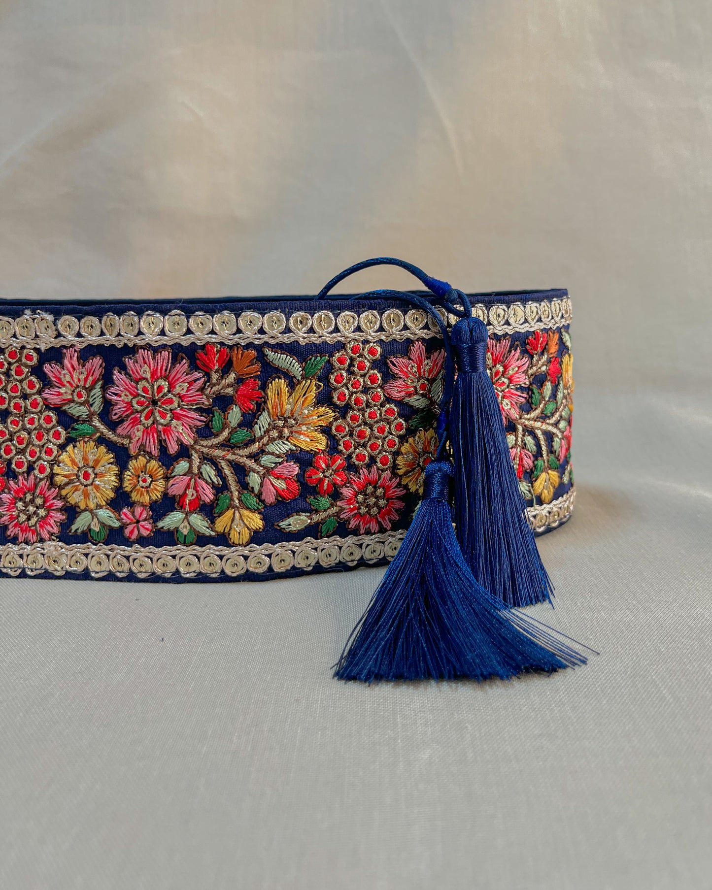 Blue bohemian embroidered obi belt with tassels