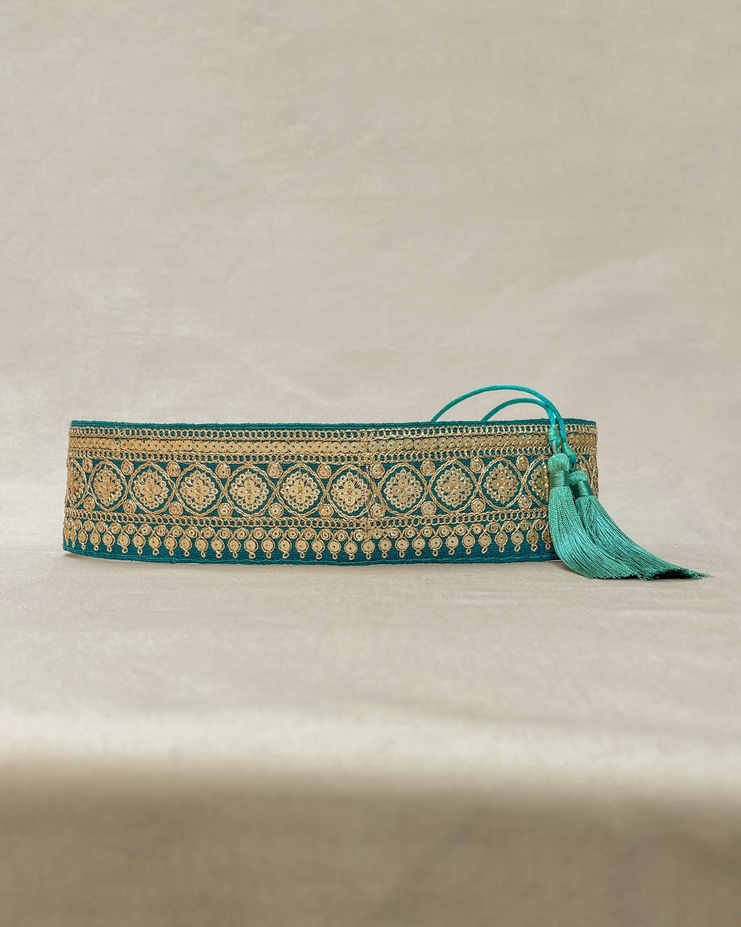 Green bohemian embroidered obi belt with tassels