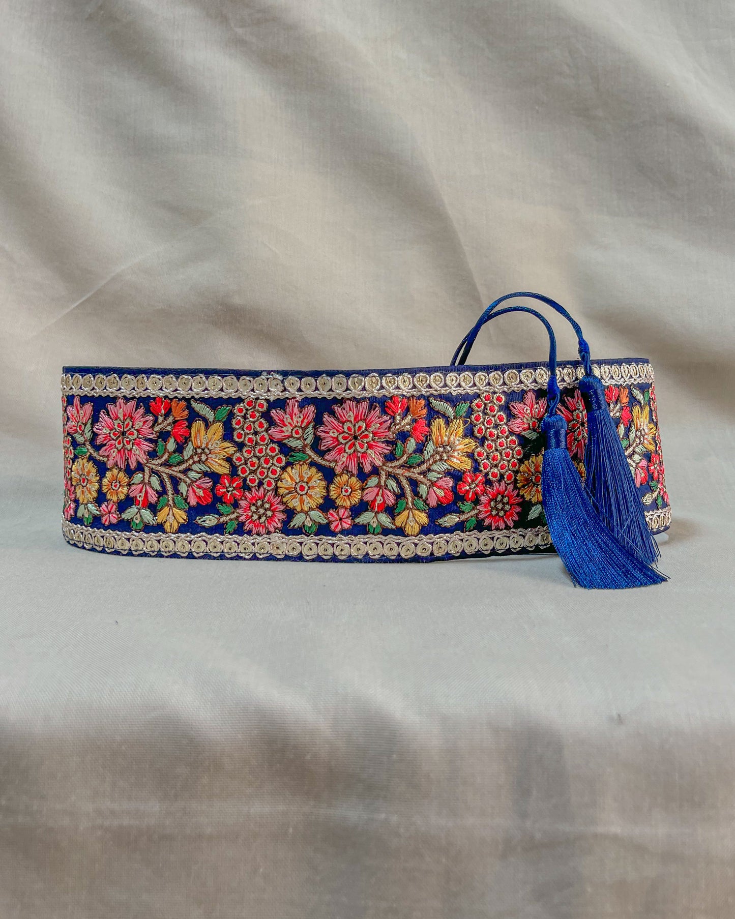 Blue bohemian embroidered obi belt with tassels