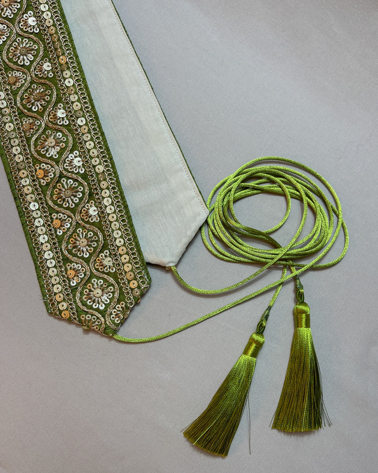 Green kaki bohemian embroidered obi belt with tassels