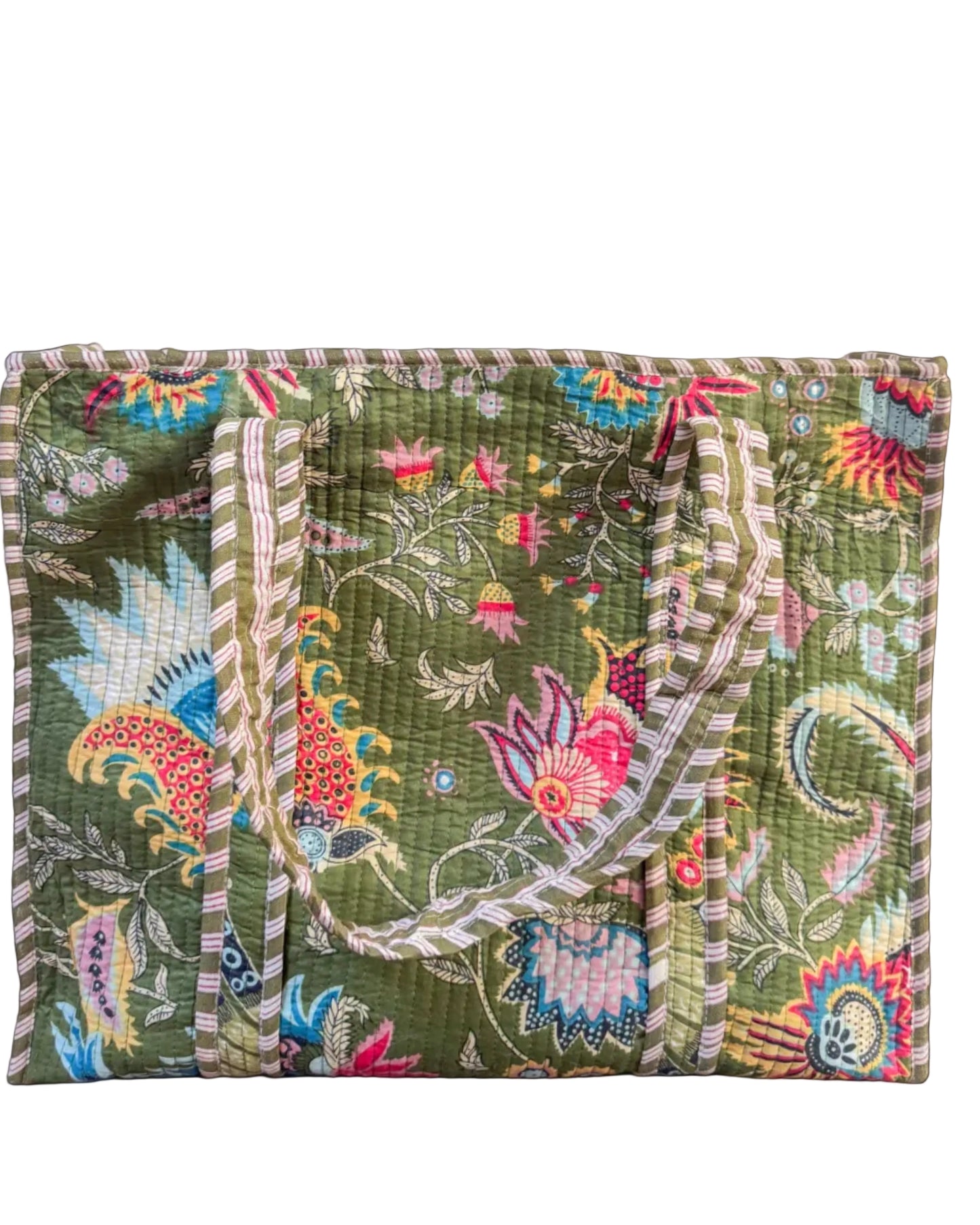 Green with flowers l Big tote bag in quilted cotton