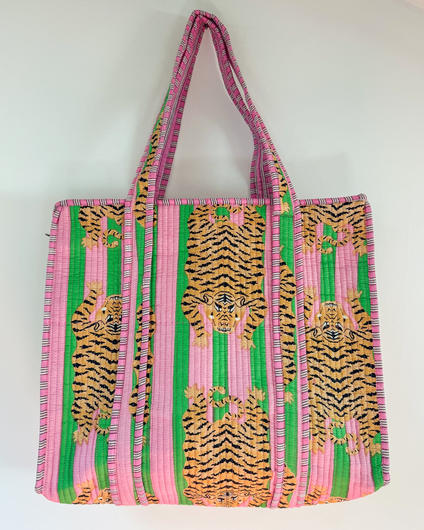 Pink and green tiger l Big tote bag in quilted cotton