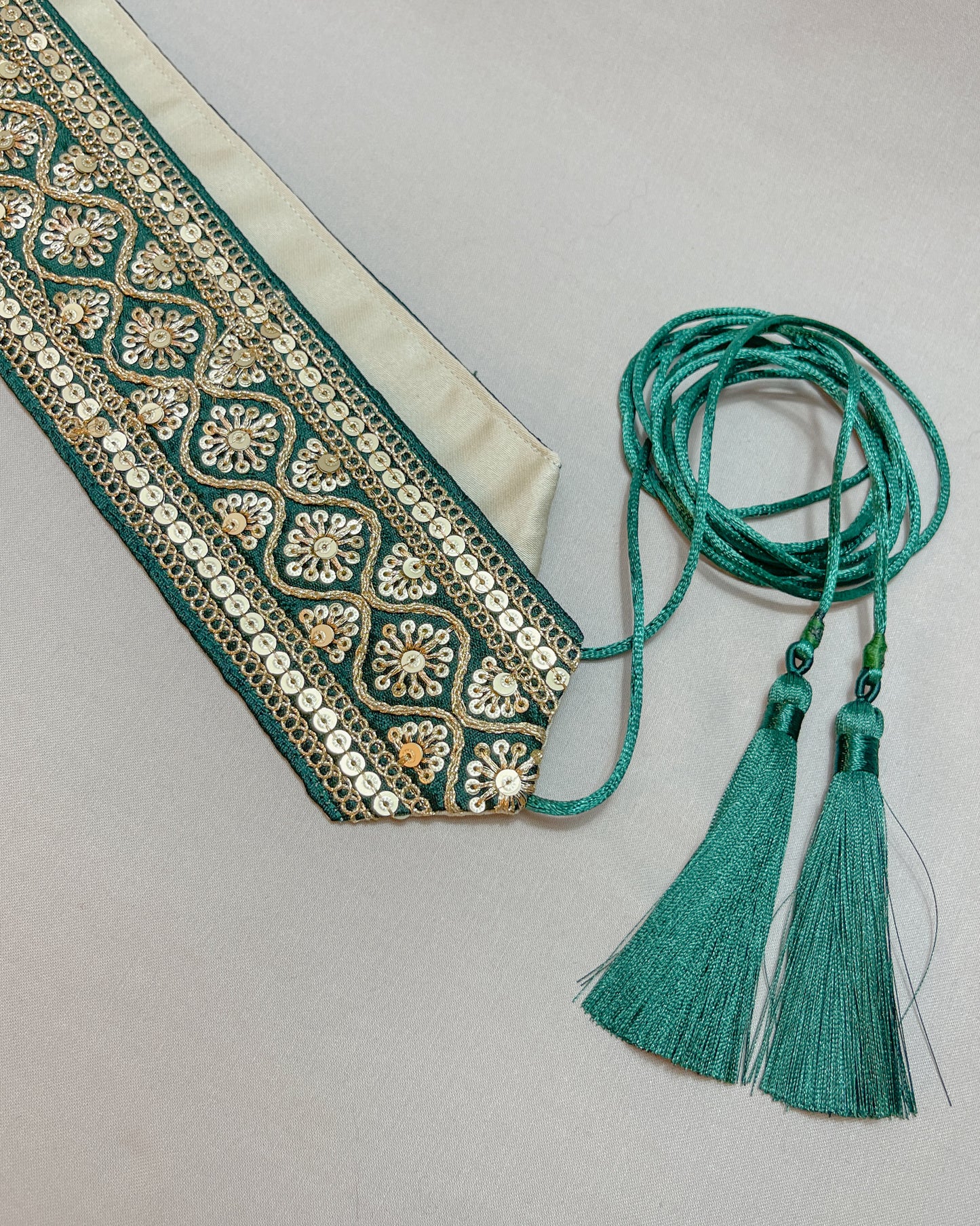 Forest green bohemian embroidered obi belt with tassels