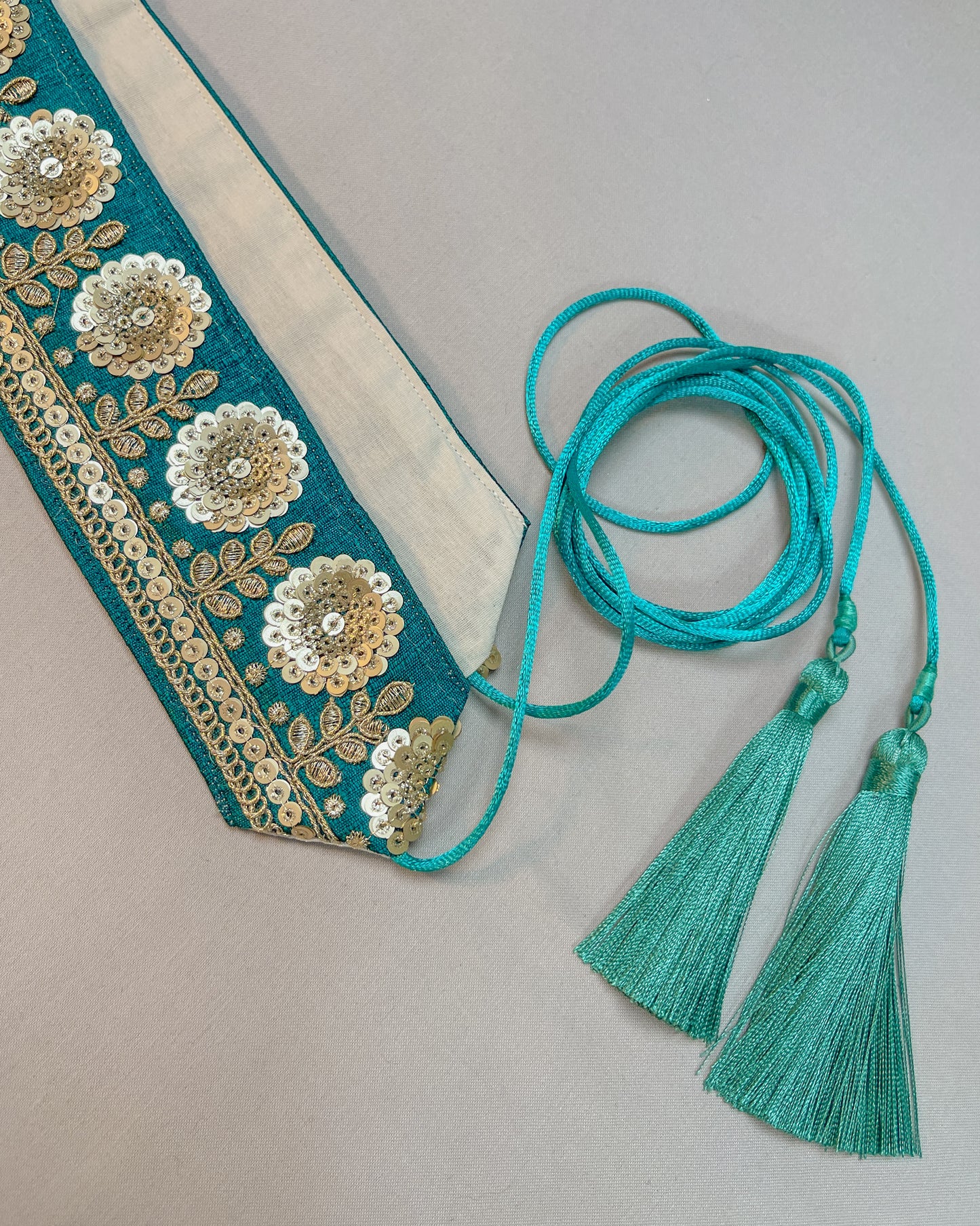 Bohemian embroidered obi belt with tassels