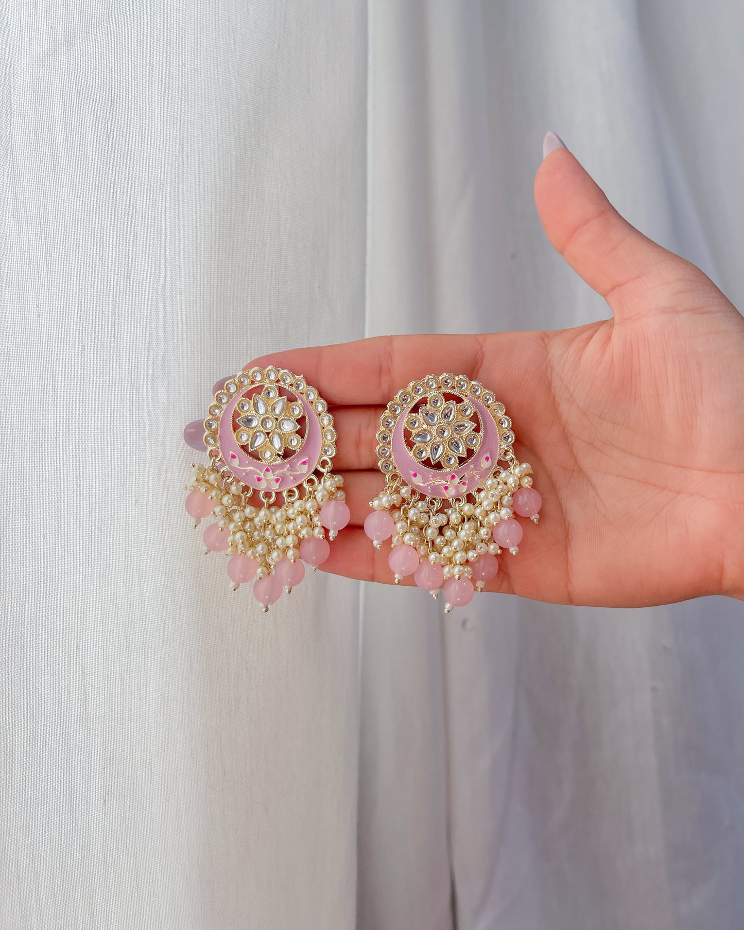 MOON LIGHT PINK Big Golden Bohemian Earrings with Hand-Painted Floral Detail