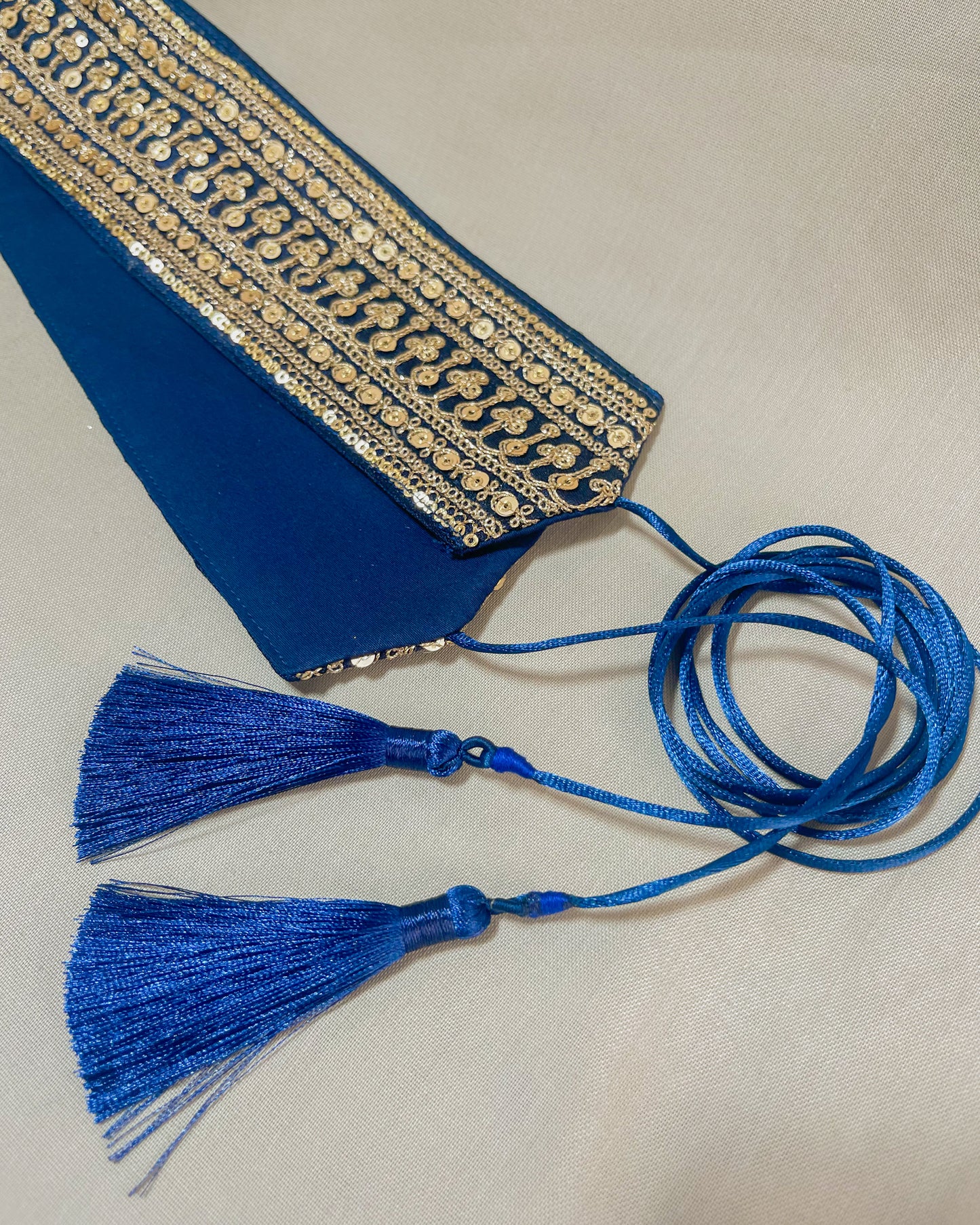 Blue bohemian embroidered obi belt with tassels