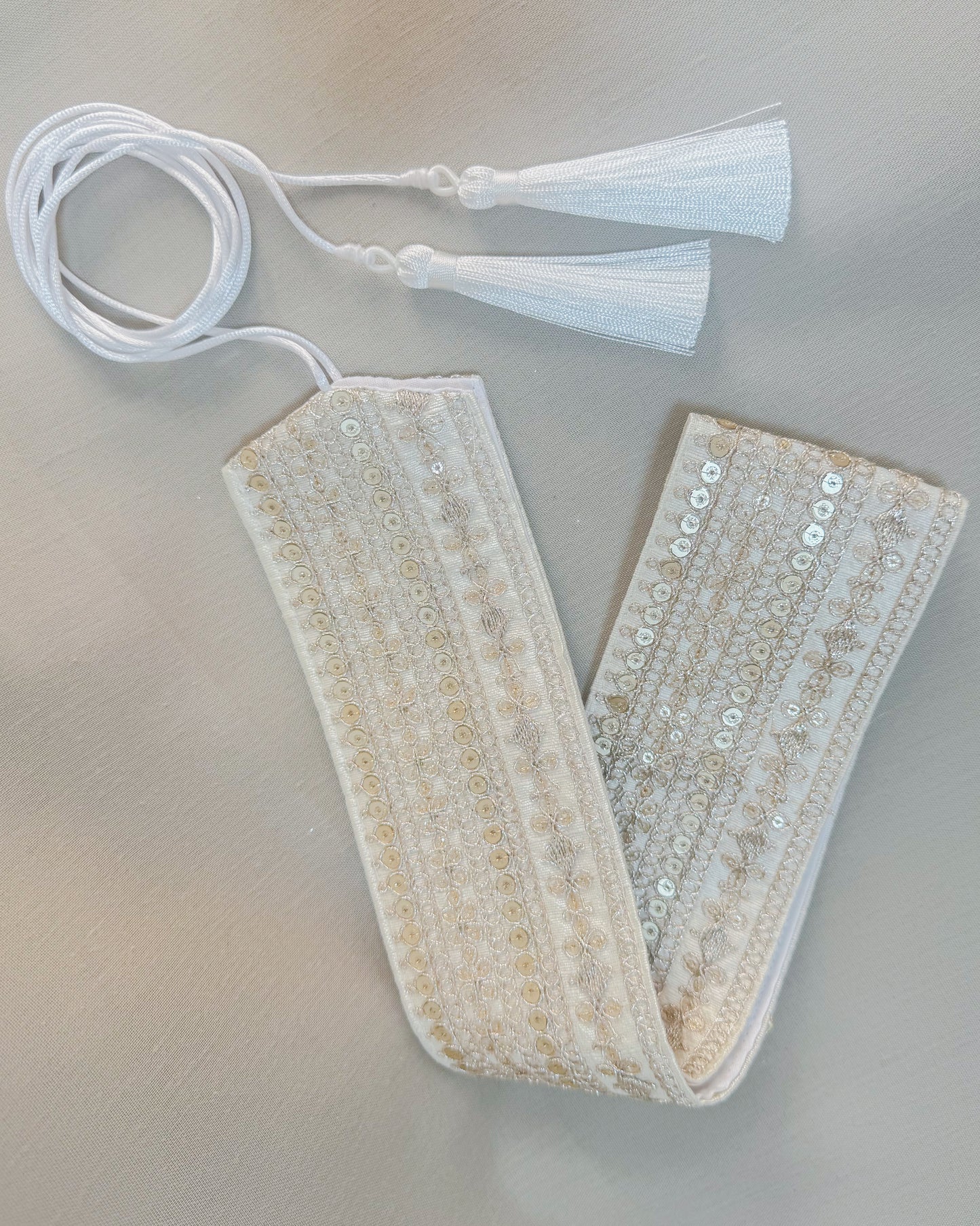 Off white bohemian embroidered obi belt with tassels