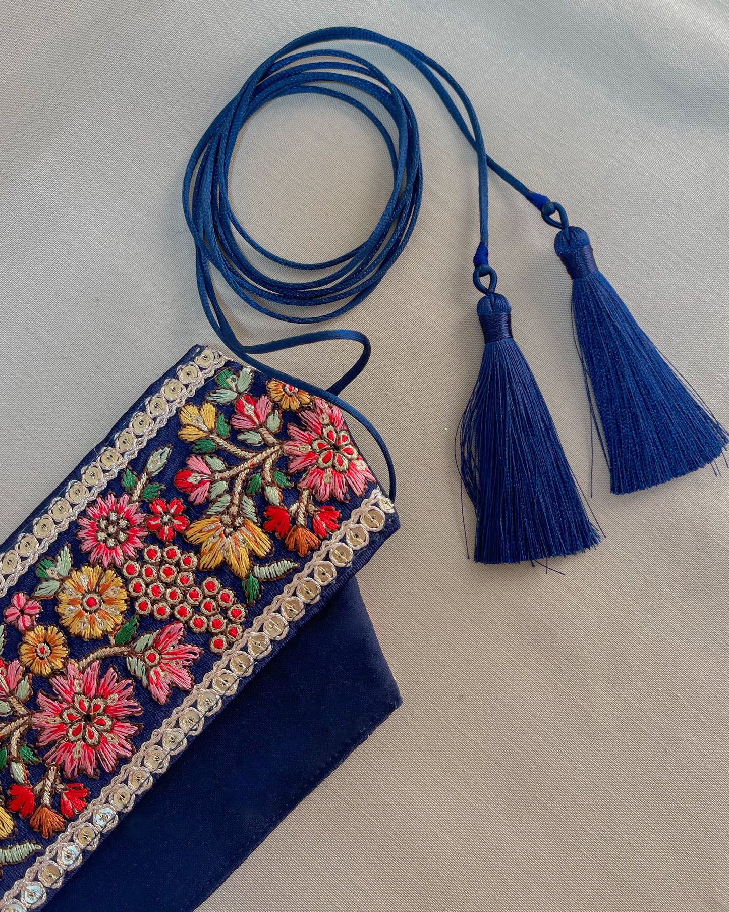 Blue bohemian embroidered obi belt with tassels