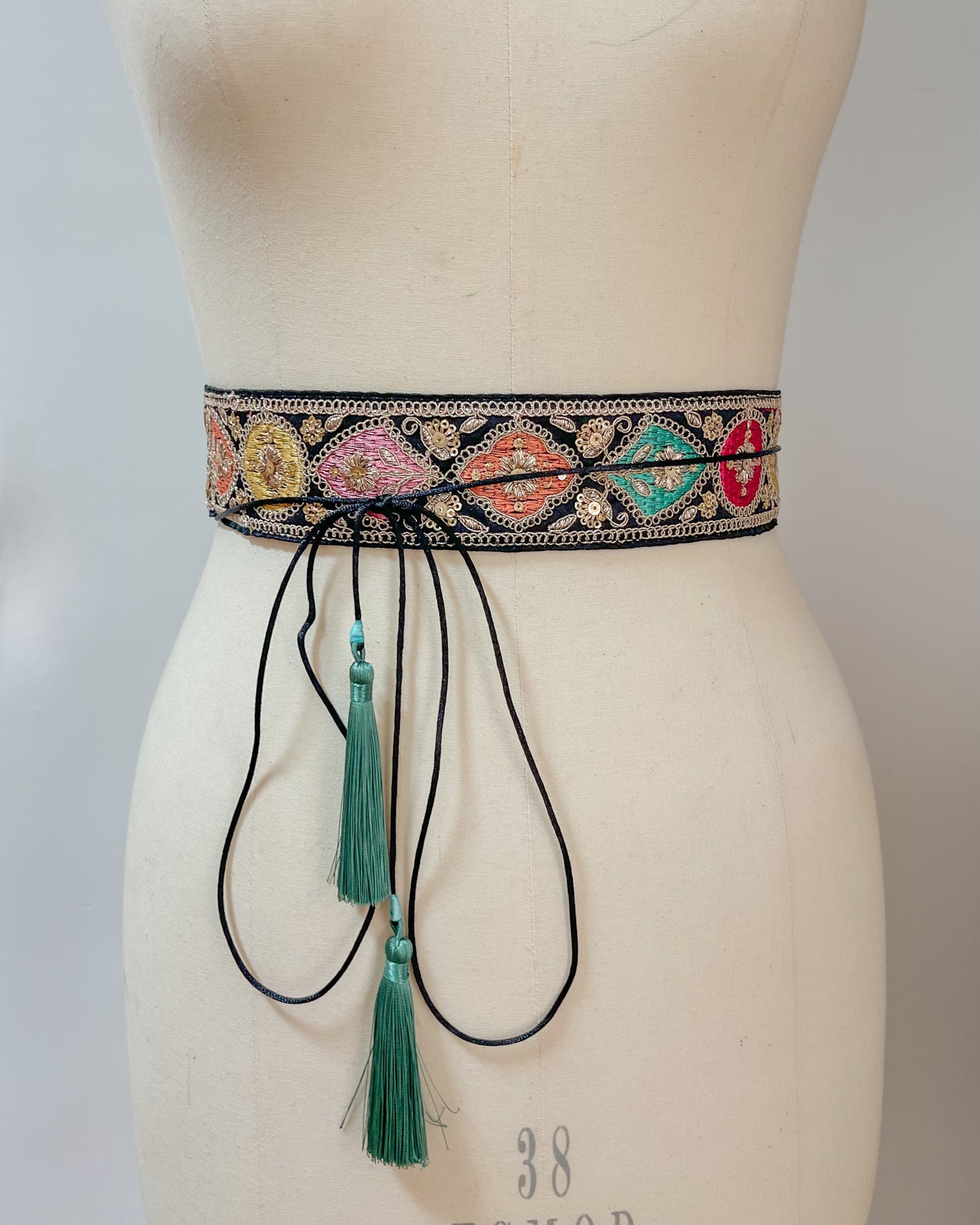 Black bohemian embroidered obi belt with tassels