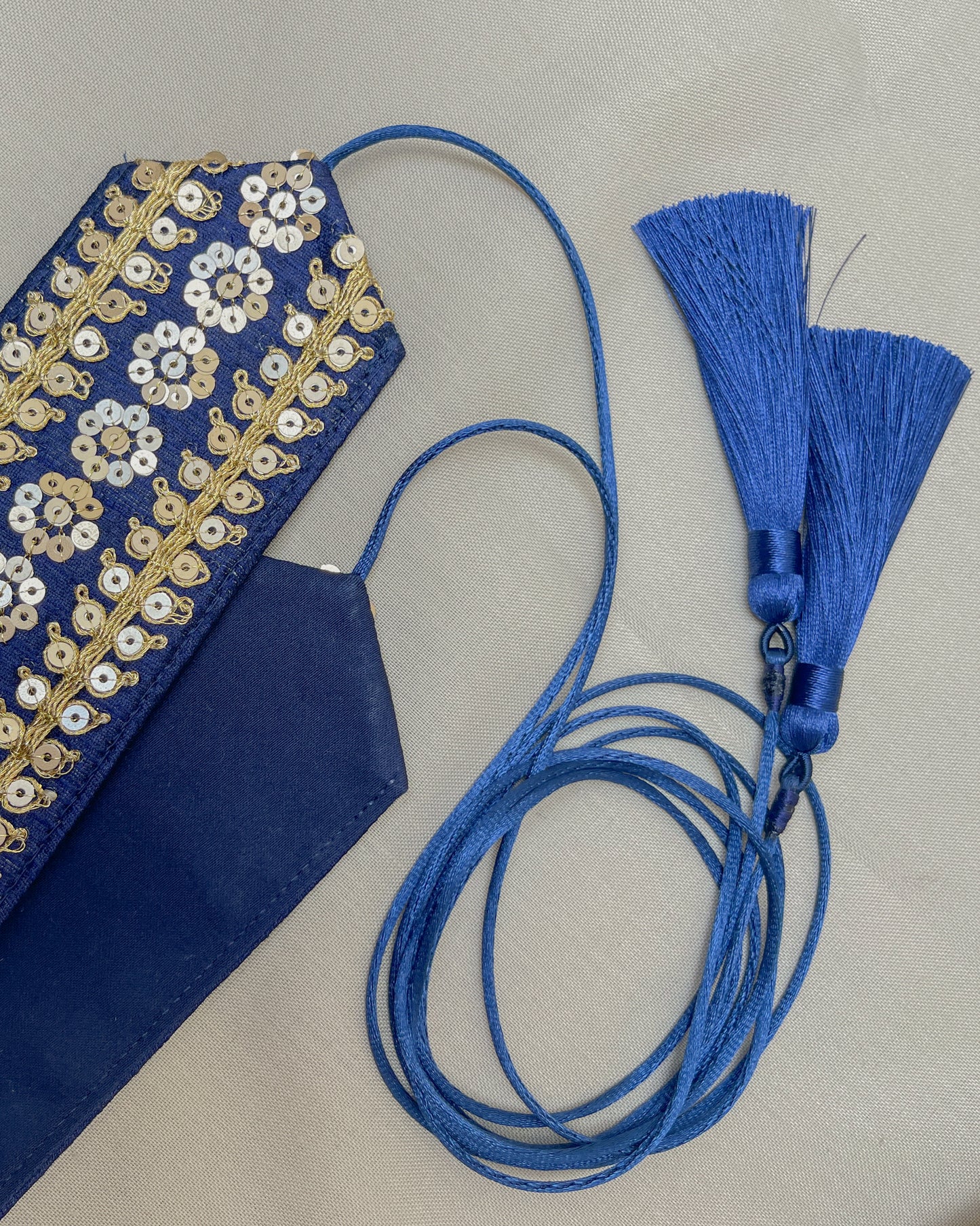 Blue bohemian embroidered obi belt with tassels