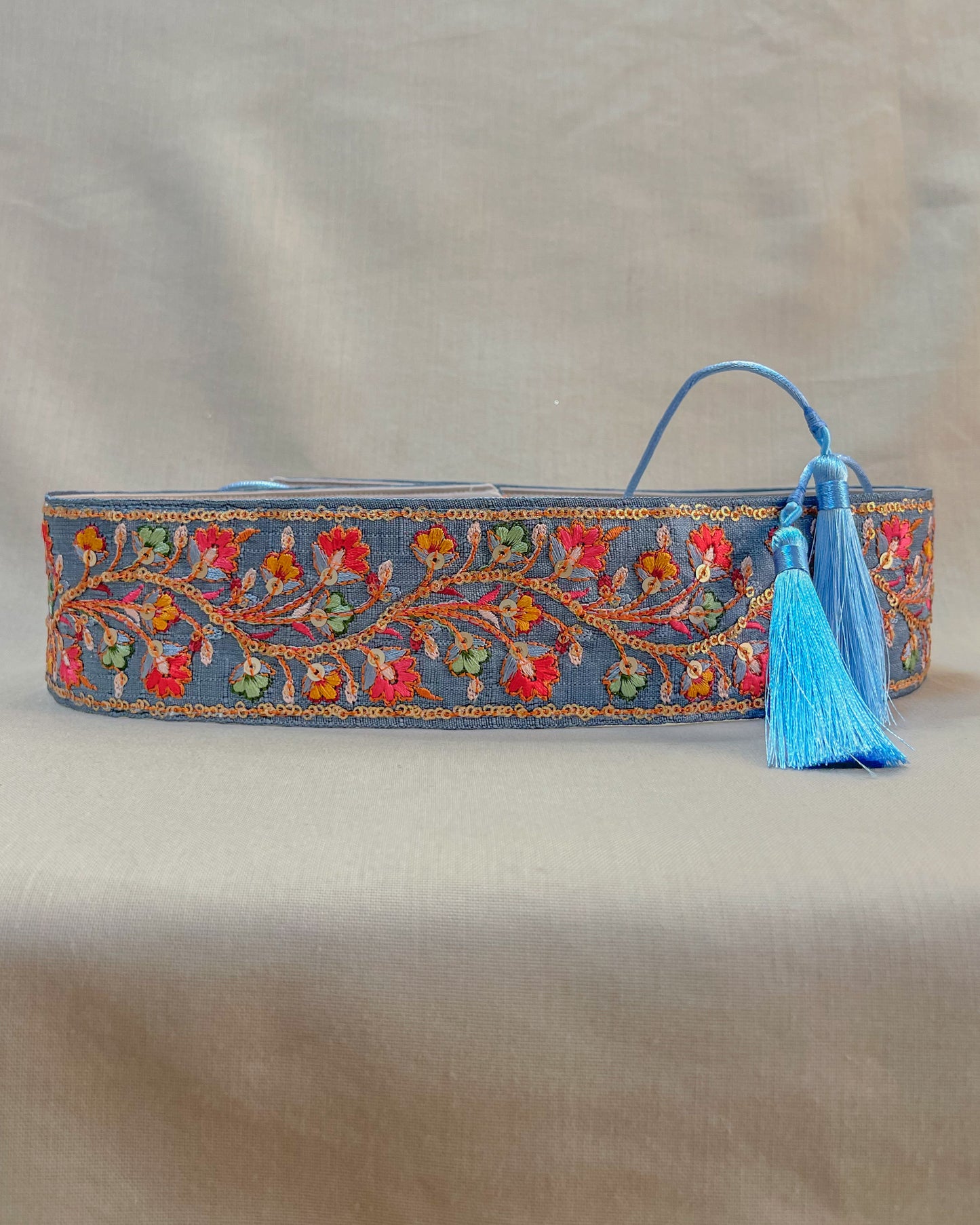 Teal bohemian embroidered obi belt with tassels