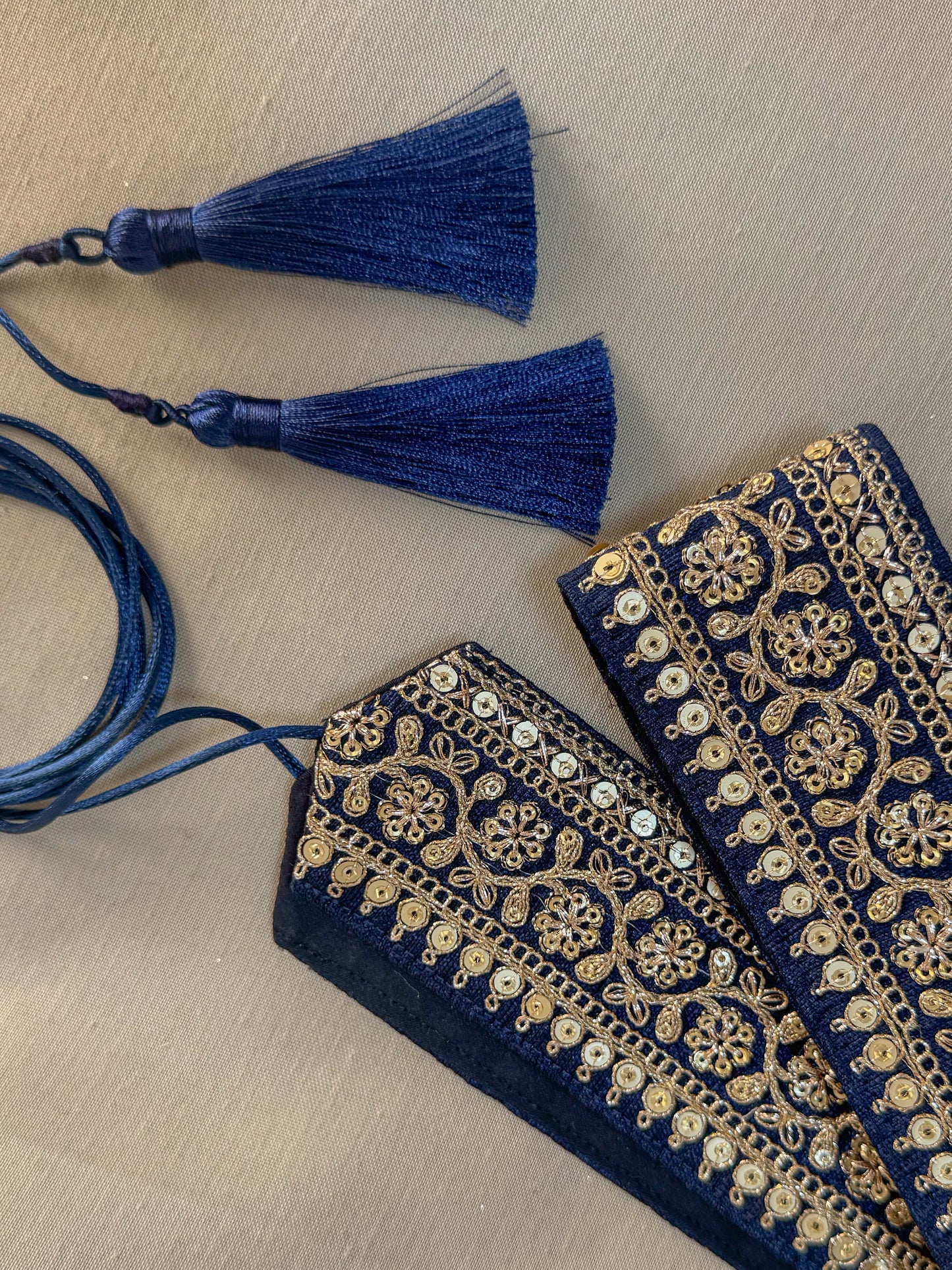 Dark blue bohemian embroidered obi belt with tassels