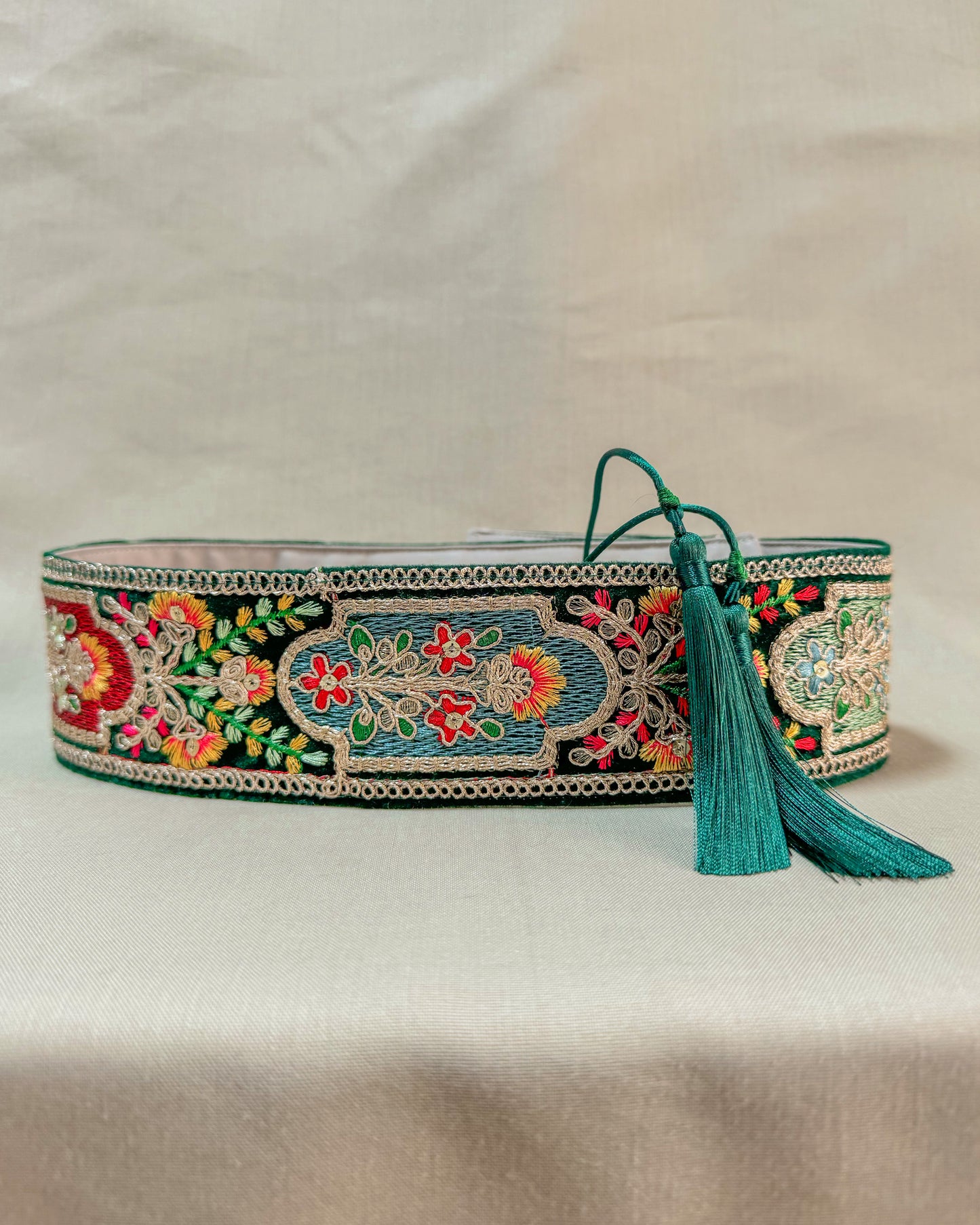 Velvet green bohemian embroidered obi belt with tassels