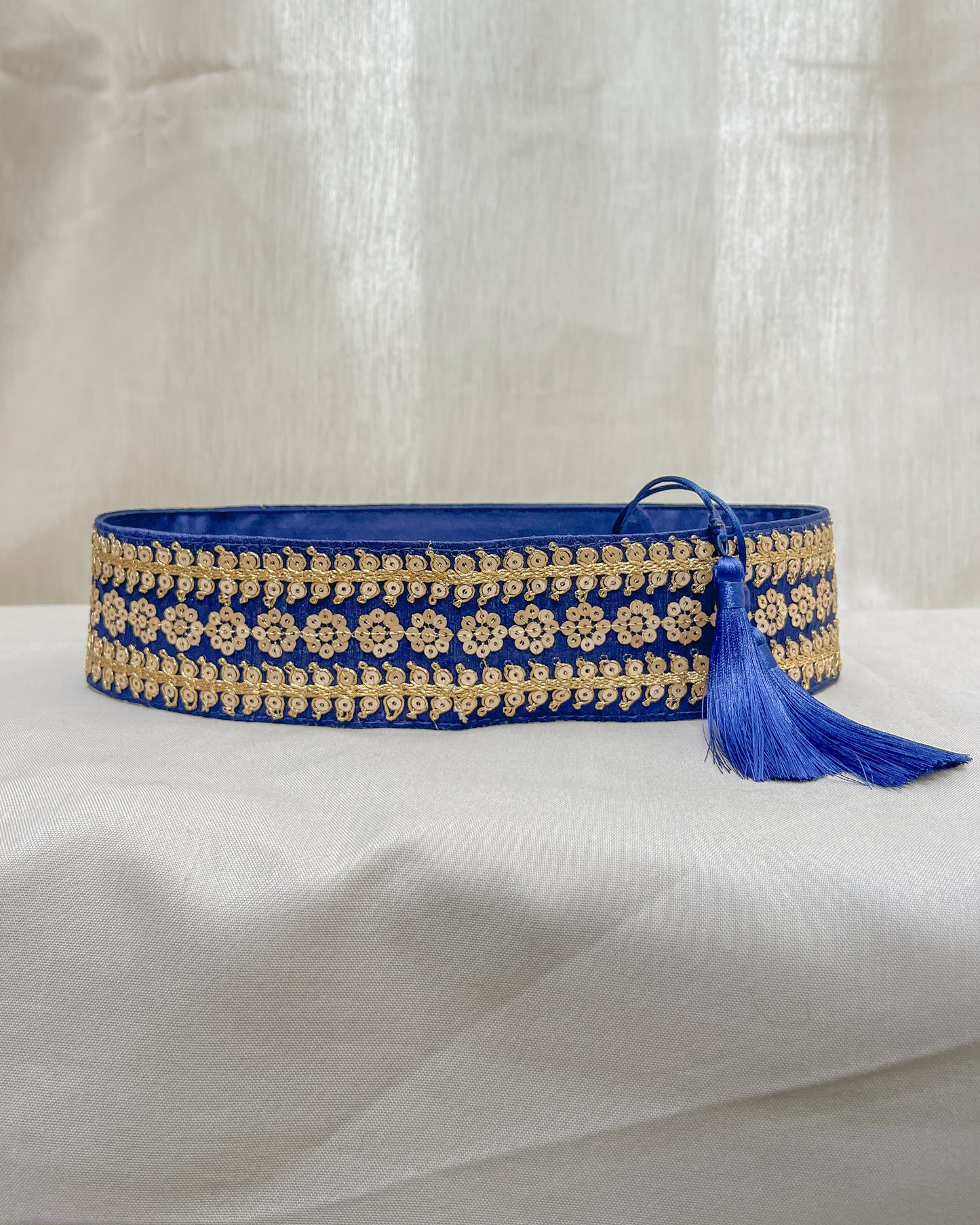 Blue bohemian embroidered obi belt with tassels