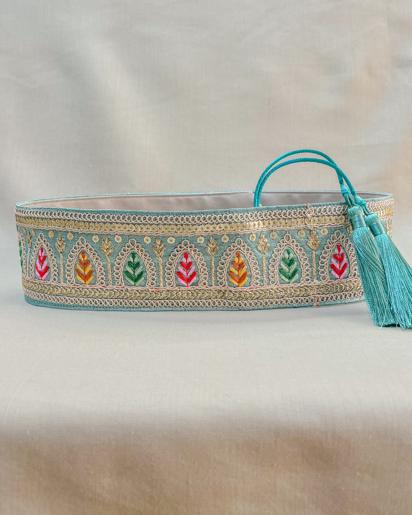 Teal bohemian embroidered obi belt with tassels