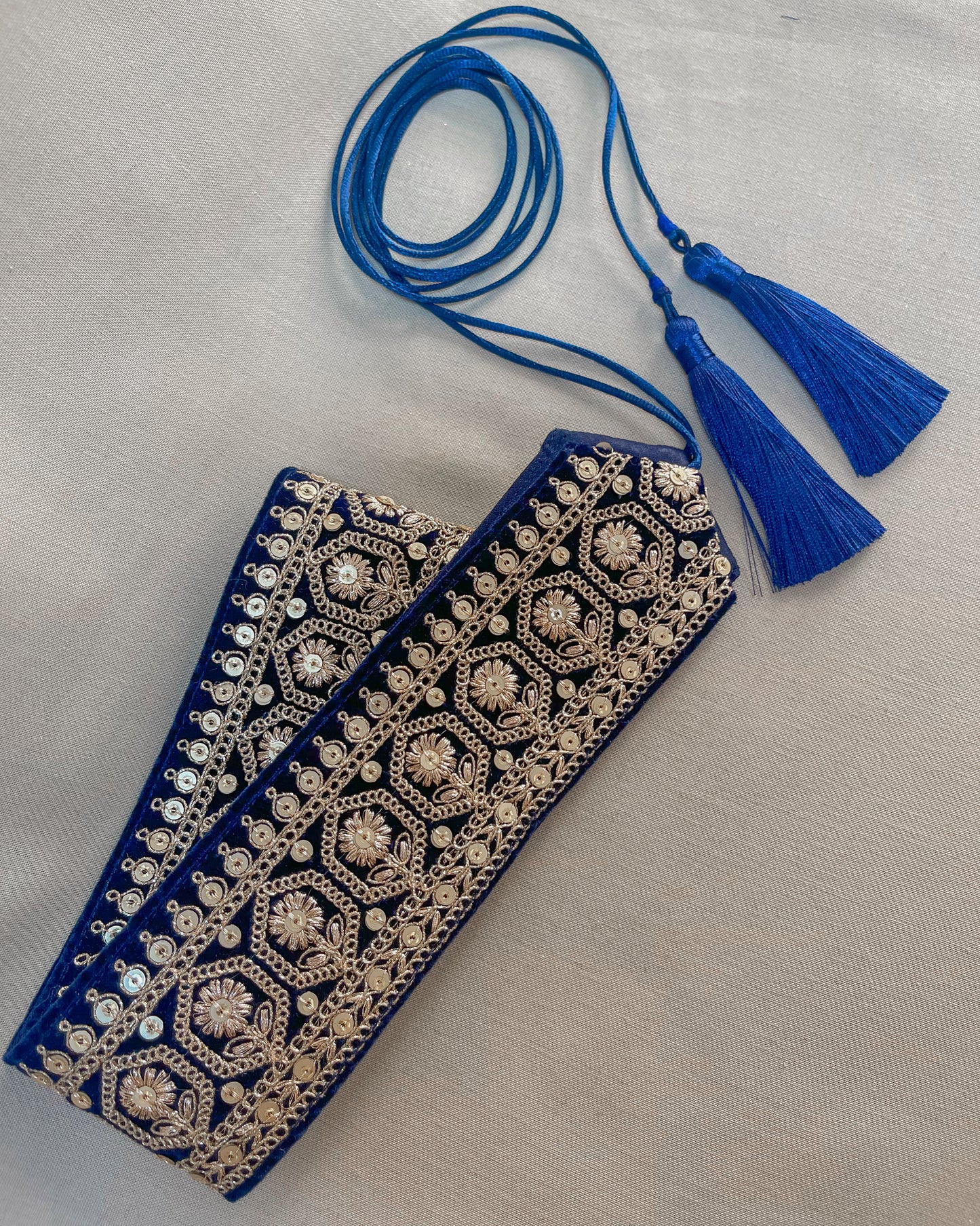 Velvet blue bohemian embroidered obi belt with tassels