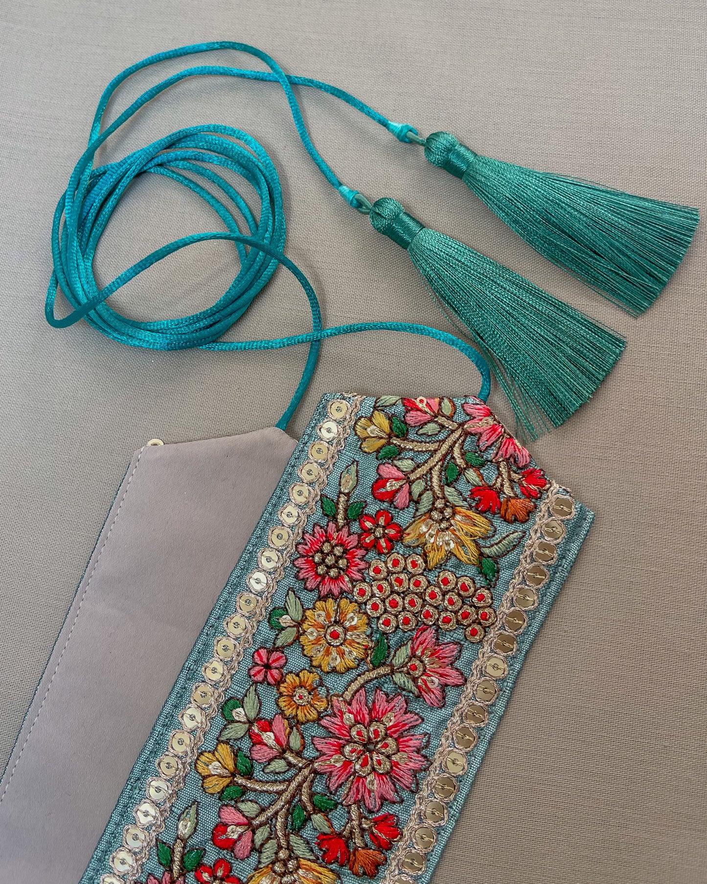 Teal bohemian embroidered obi belt with tassels