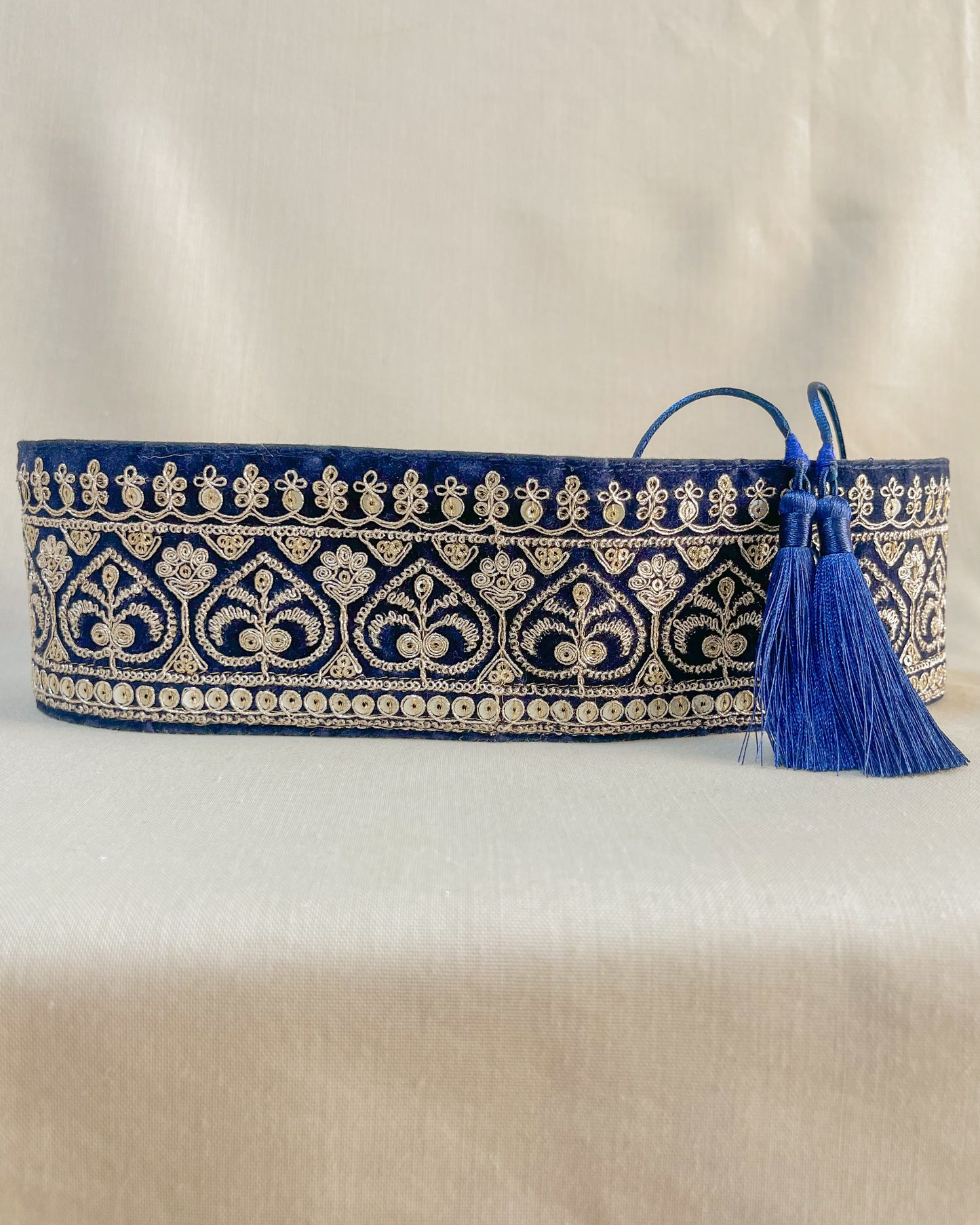 Velvet blue bohemian embroidered obi belt with tassels