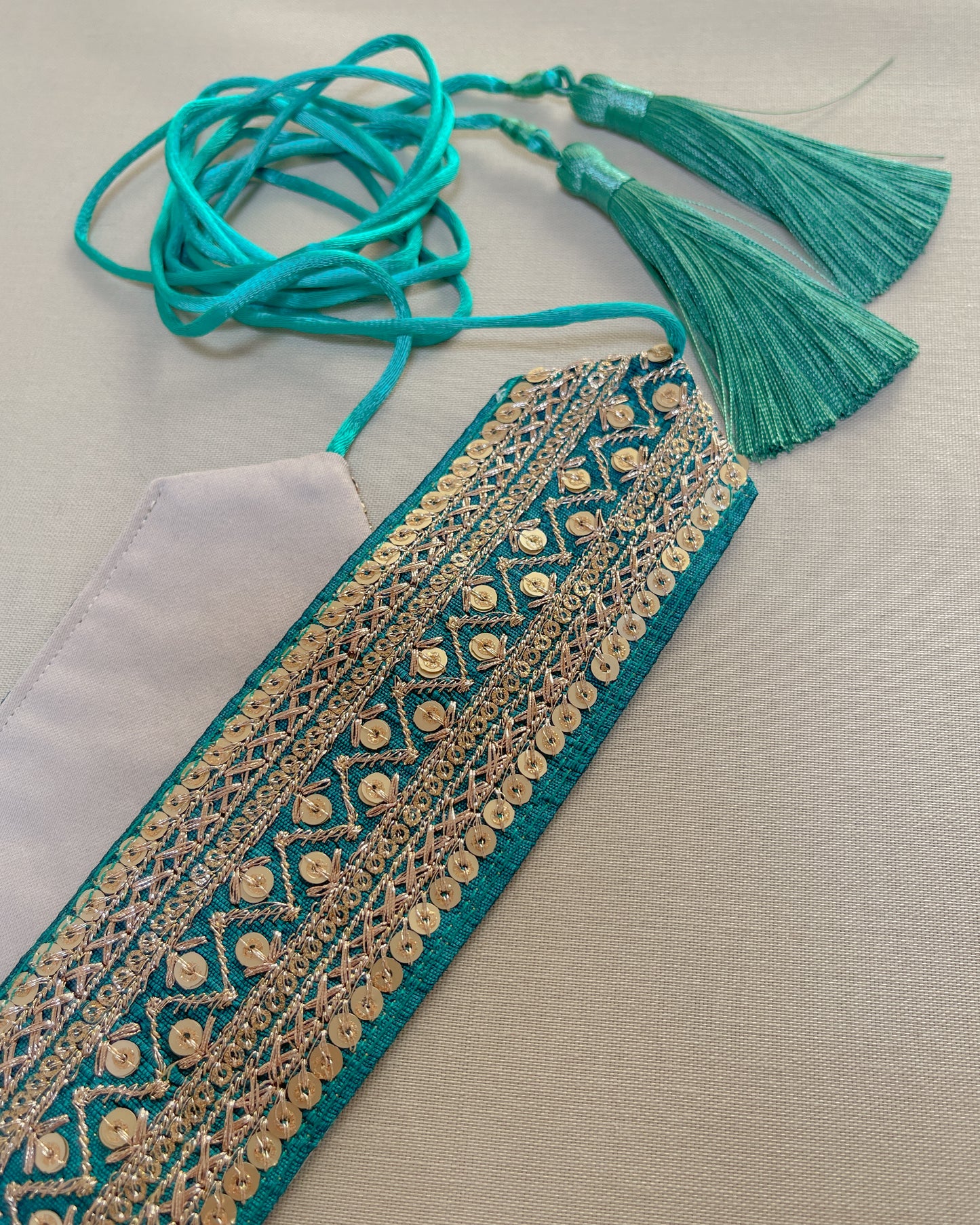 Green bohemian embroidered obi belt with tassels