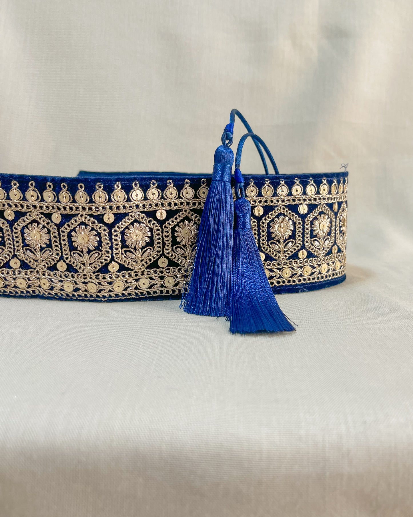 Velvet blue bohemian embroidered obi belt with tassels