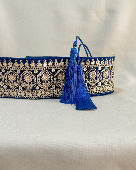 Velvet blue bohemian embroidered obi belt with tassels