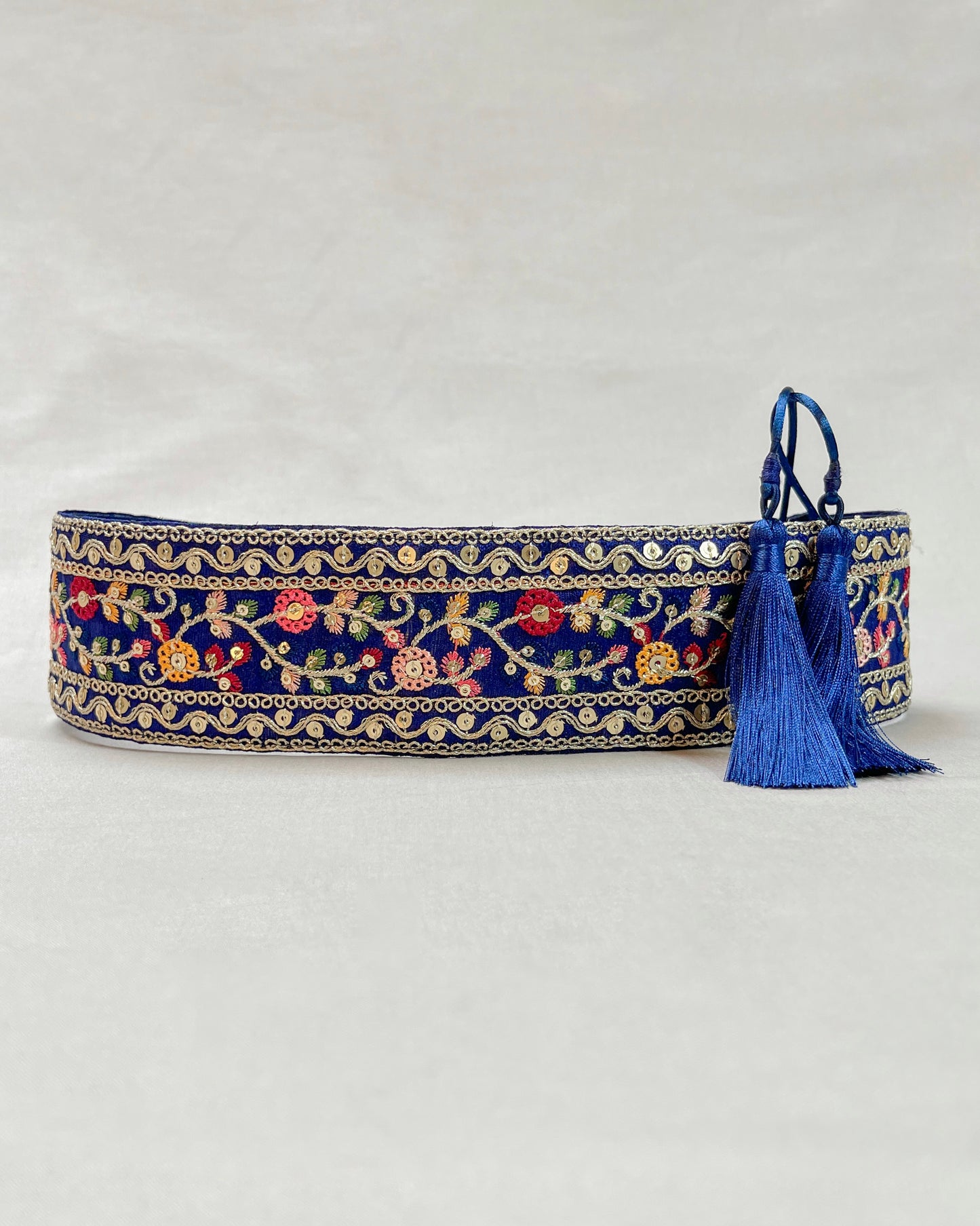 Blue bohemian embroidered obi belt with tassels