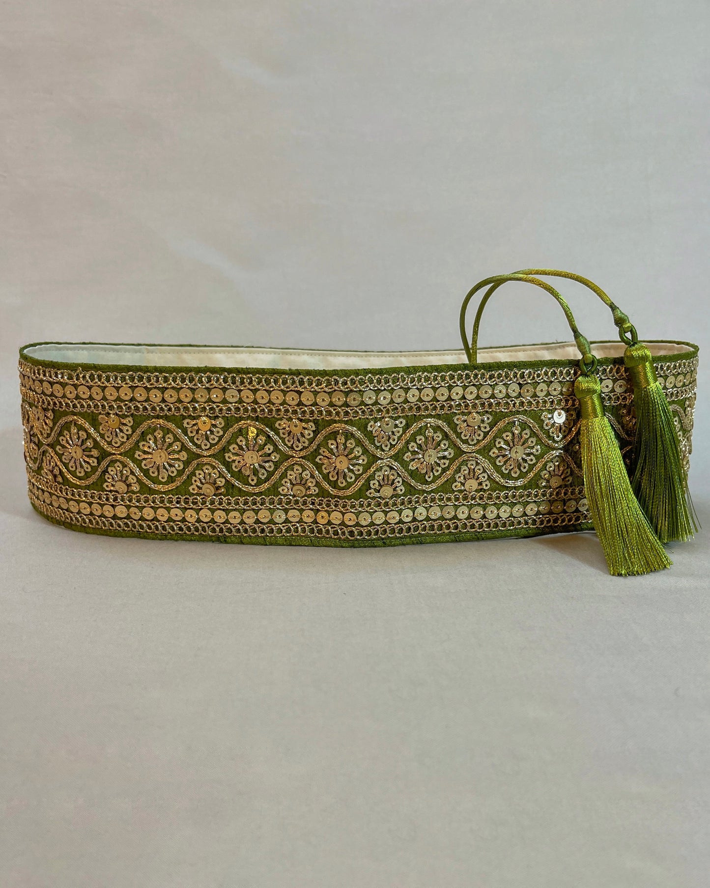 Green kaki bohemian embroidered obi belt with tassels