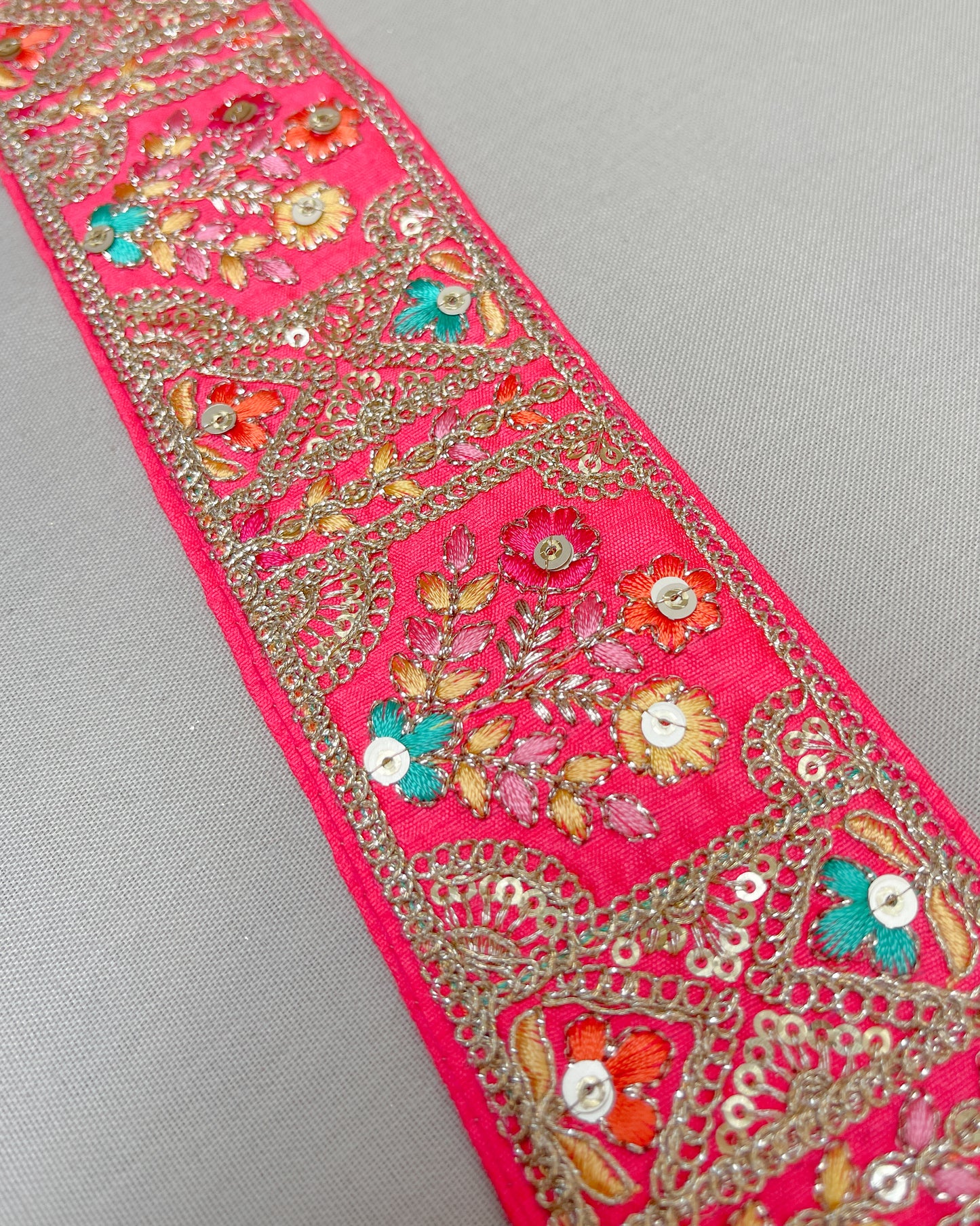 Pink bohemian embroidered obi belt with tassels