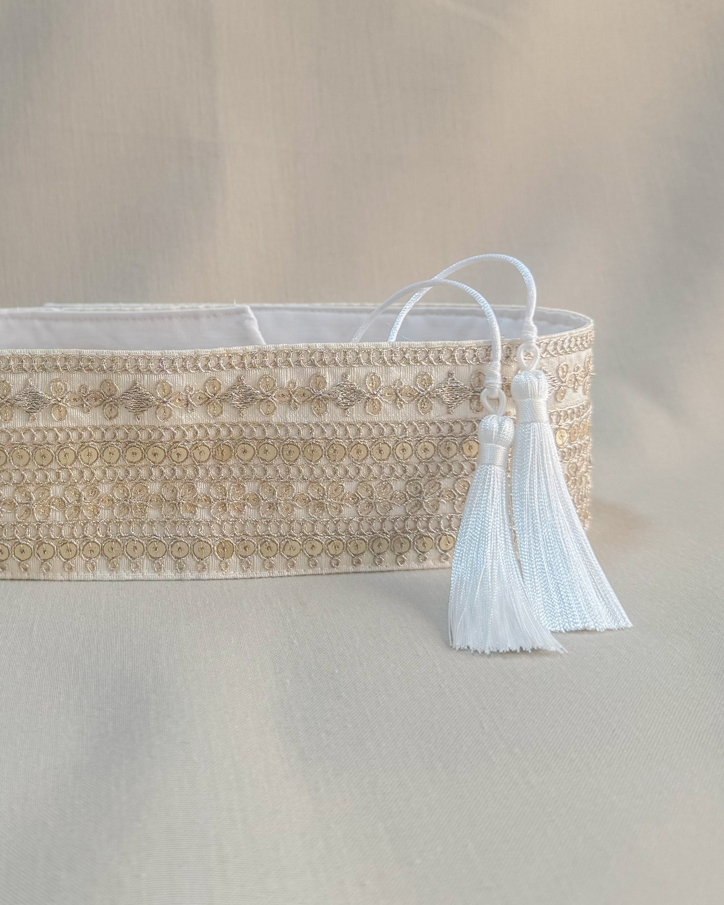 Off white bohemian embroidered obi belt with tassels