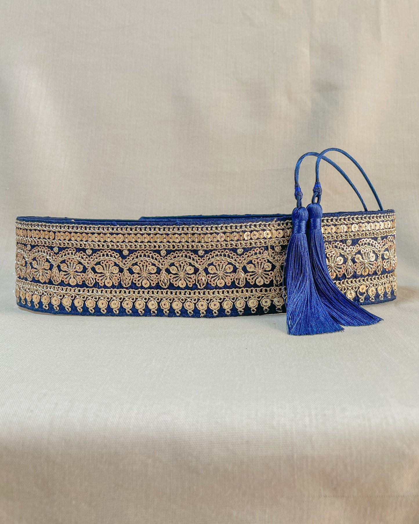 Blue bohemian embroidered obi belt with tassels