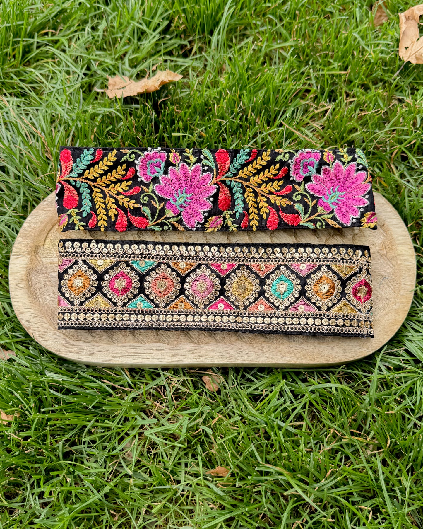 Embroidered upcycled fabric headband