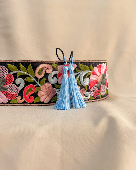 Black bohemian embroidered obi belt with tassels