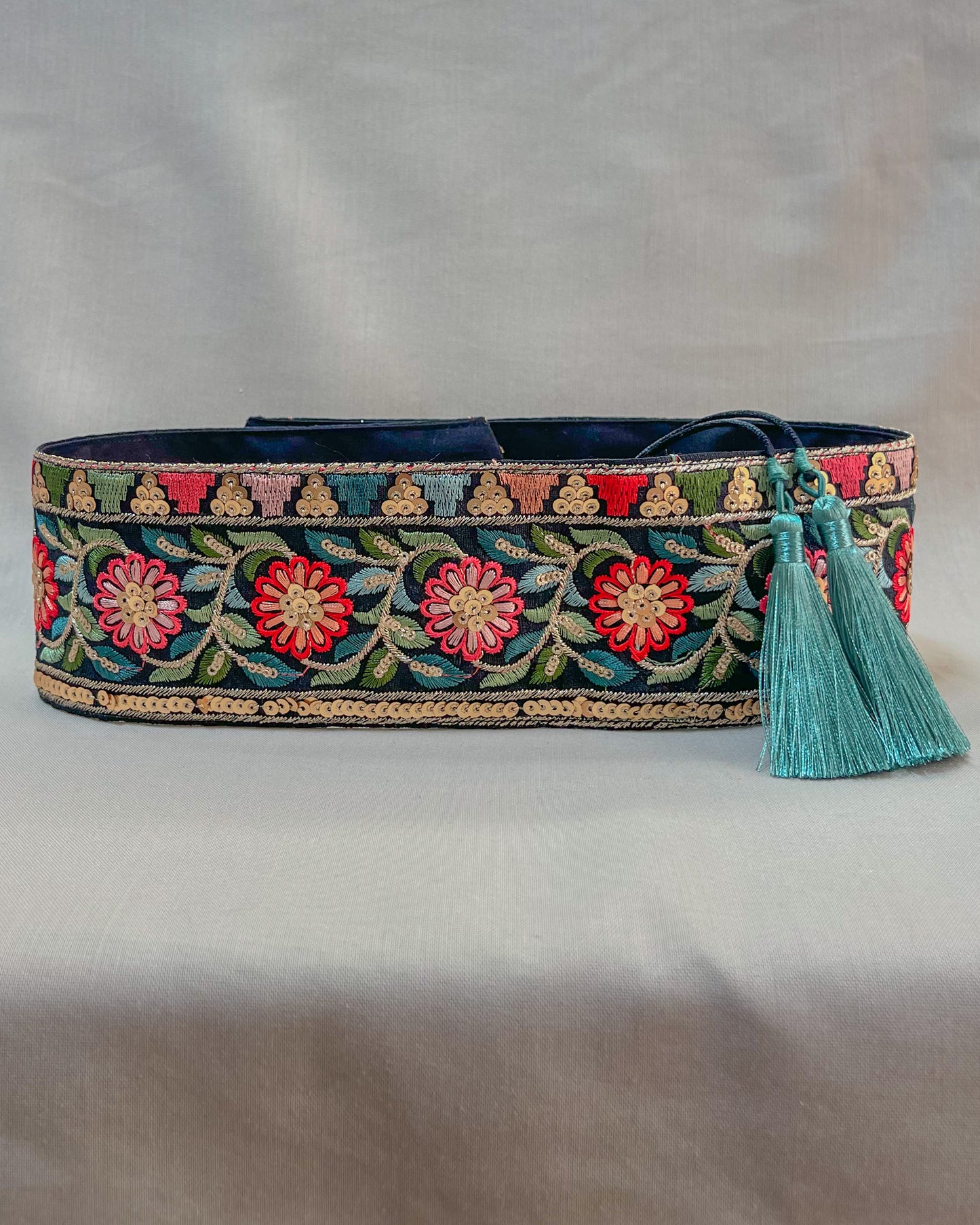 Black bohemian embroidered obi belt with tassels