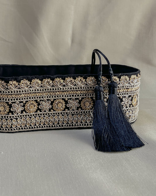 Black bohemian embroidered obi belt with tassels