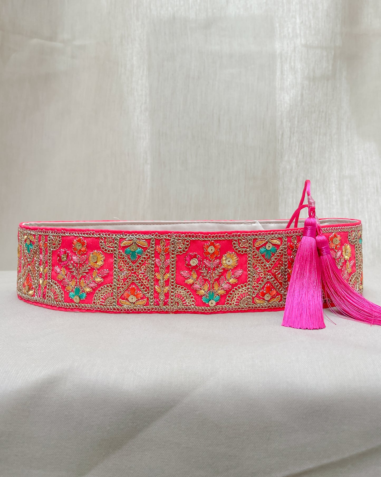 Pink bohemian embroidered obi belt with tassels